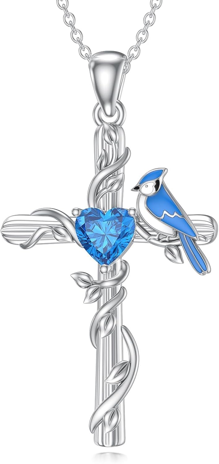Blue Jay Necklace for Women 925 Sterling Silver Natural Swiss Blue Topaz Blue Jay Cross Pendant Our Love Never Dies Bird Jewelry Gifts for Mom Wife