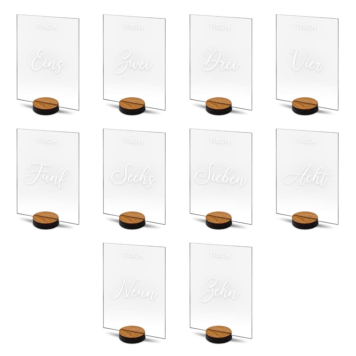 Hochzeit Tischnummern Acrylglas mit Lasergravur Milchig-Weiß Inkl. Standfuß Party Deko Set wählbar Rechteck - Schwungvoll Elegant (1-10)