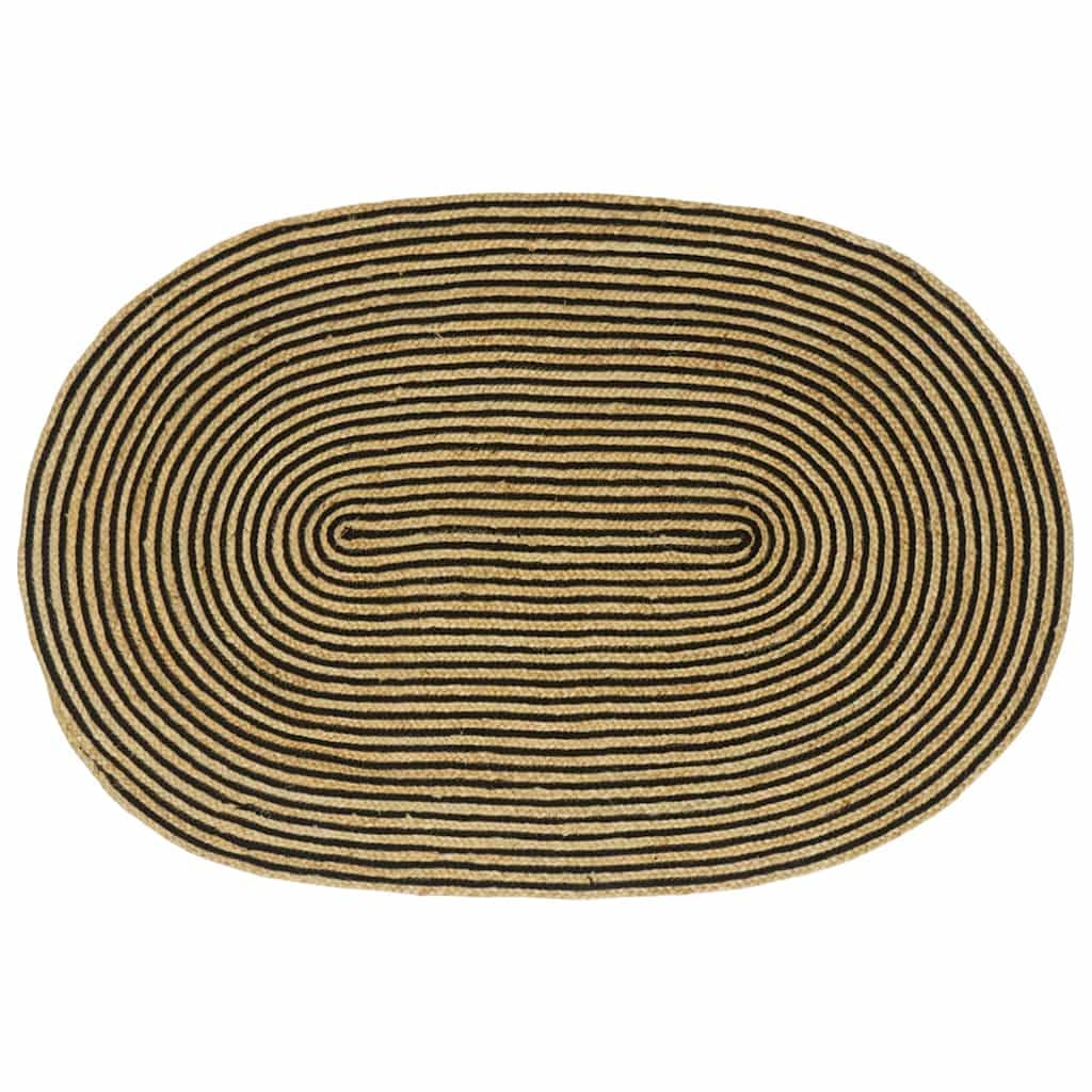 Tapis ovale en jute - 122 x 183 cm - Tapis en fibres naturelles tissées à la main - Naturel et noir - Pour salon et couloir - Tapis tissé moderne de style bohème pour l'intérieur