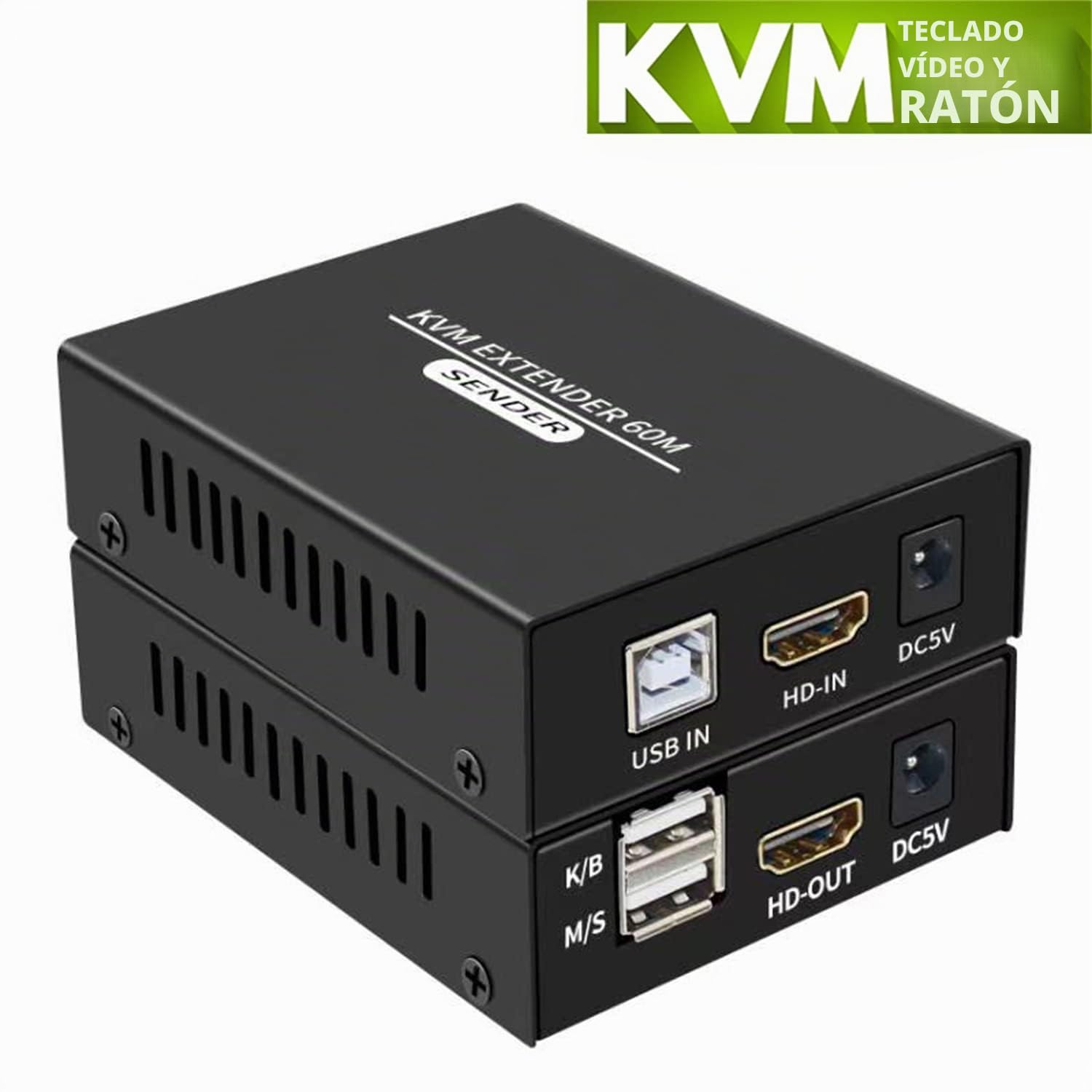 Extensión KVM HDMI 60 m en Cat5e/Cat6, HDMI 1080p, alargador KVM USB, transmisión con hebilla, negro, montaje en rack