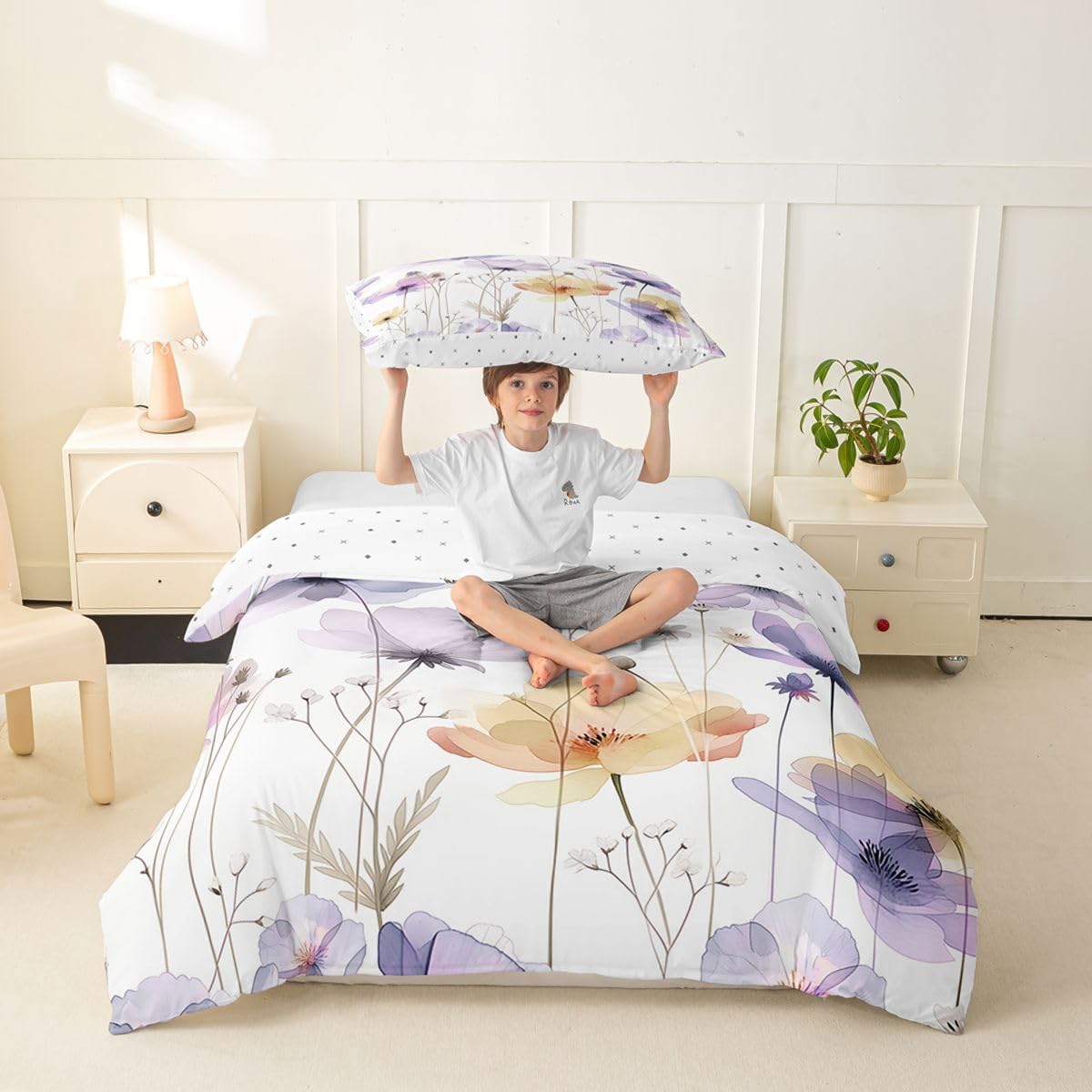 Erosebridal Watercolor Floral Toddler Duvet Cover Violet Flower Comforter Cover for Kids Teens Modern Minimalist White Bedding Set Farmhouse Bed Set