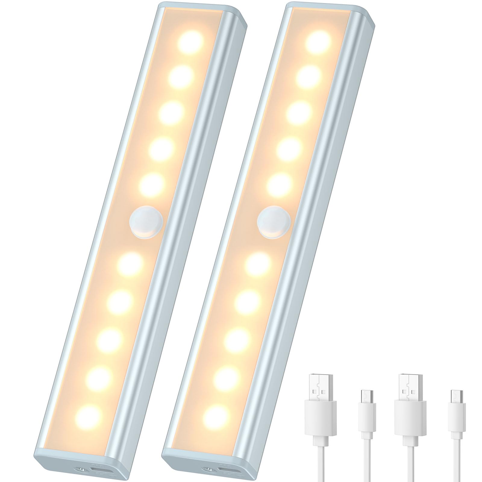 Lot De 2 Lampes Détecteur Mouvement Intérieur - 10 LED Rechargeables USB - Magnétiques - Pour Placards, Escaliers