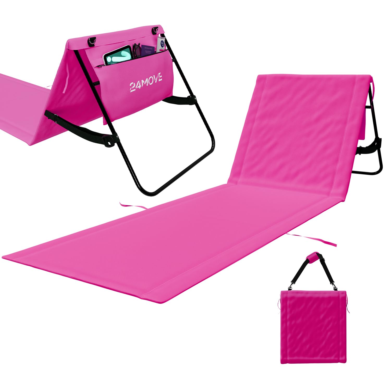 24MOVE® Strandmatte Set klappbar mit Verstellbarer Rückenlehne, Strandliege faltbar mit Schlaufen, Aufbewahrungstasche, Sonnenliege für Strand Garten, versch. Farben