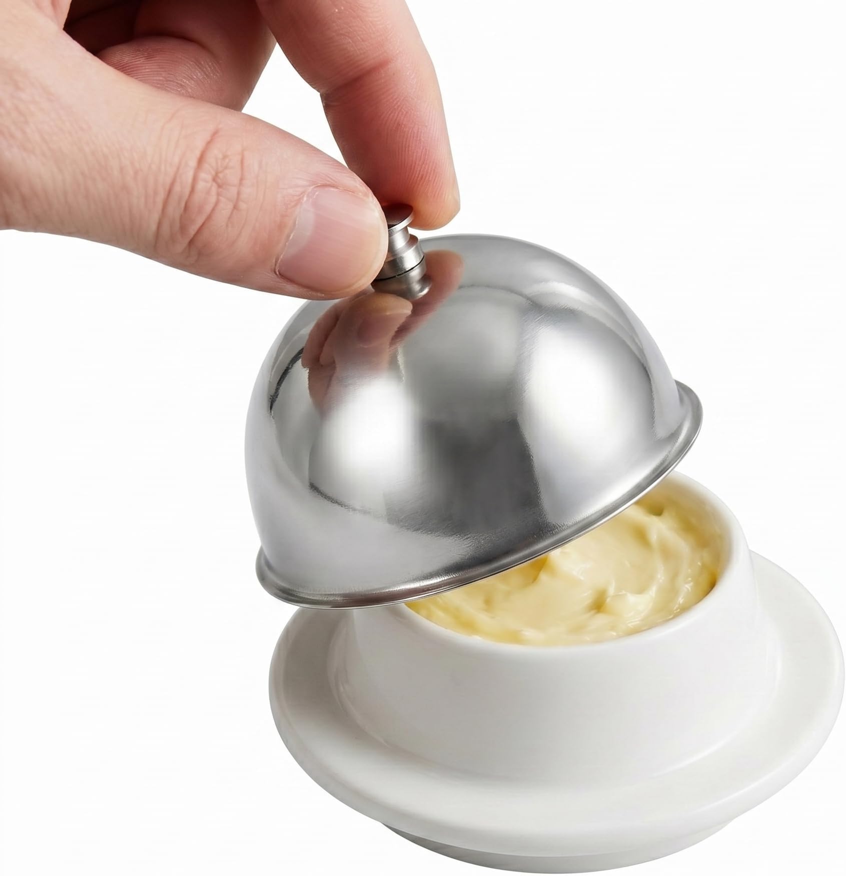 Ceramic Butter Dish with Stainless Steel Lid - Butter Crock for Freshness & Spreadability, 3.5-Inch Cheese Honey Dessert Condiment Container for Kitchen Counter