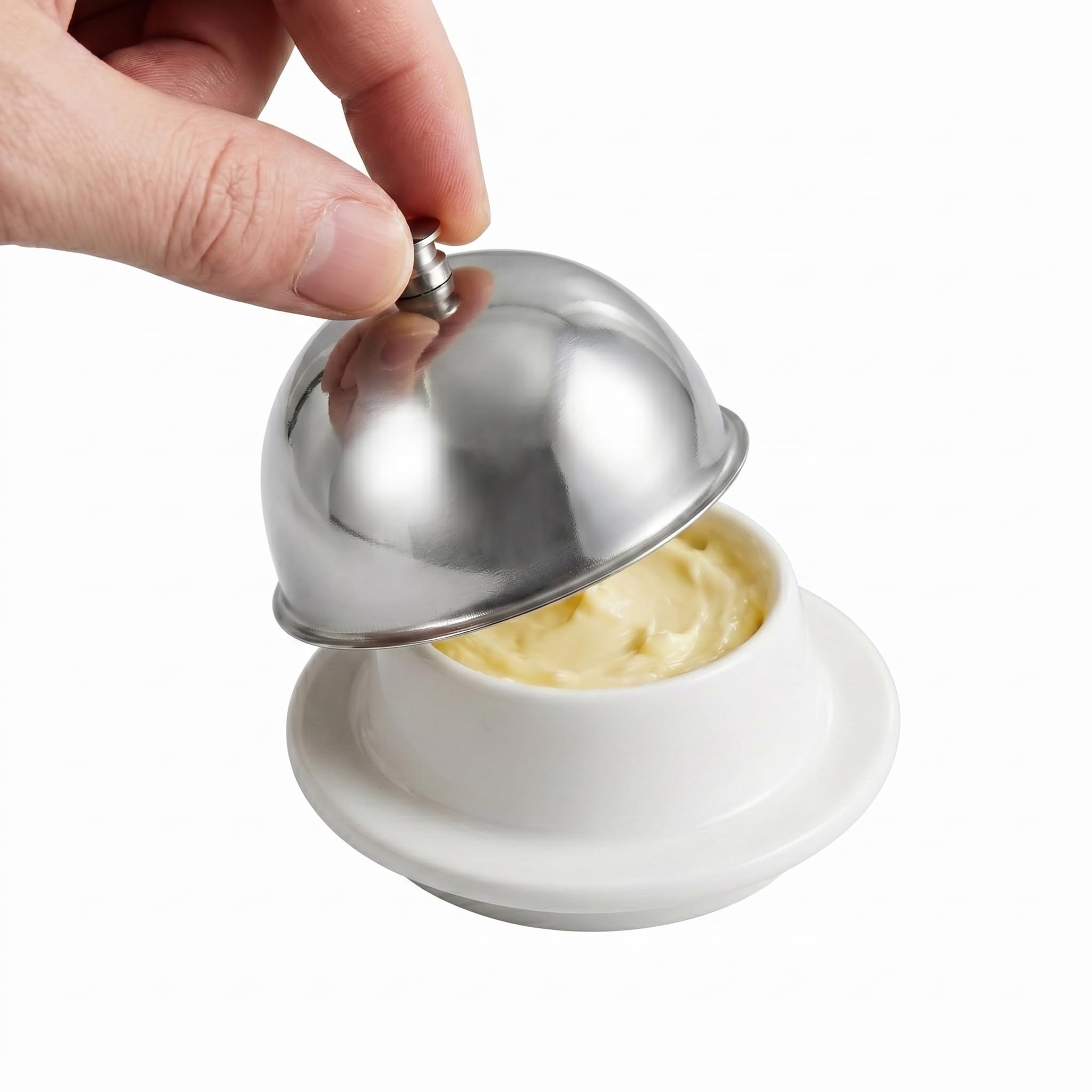 Ceramic Butter Dish with Stainless Steel Lid - Butter Crock for Freshness & Spreadability, 3.5-Inch Cheese Honey Dessert Condiment Container for Kitchen Counter