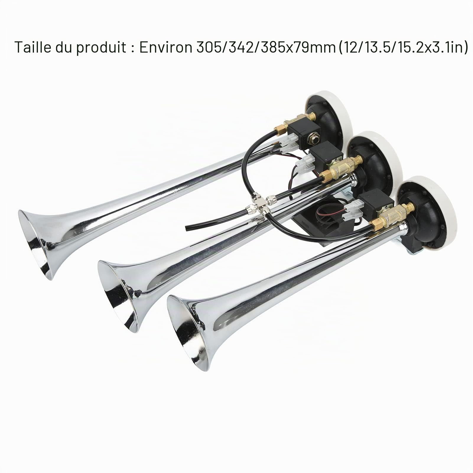 Car 3 Trompette Musicale, DC 12V/24V Super Loud Sound 145dB Chromé Truck Musical Air Horn avec 6 Tons Différents, Music Airhorn pour Trcuk Car Yacht