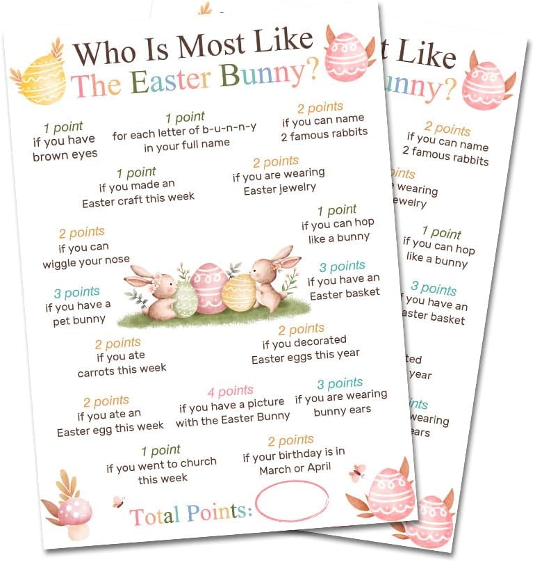 Who Is Most Like The Easter Bunny Game Cards, Watercolor Bunny Easter Day Icebreaker Game For Family, Boys & Girls, Party Favor & Supplies, Set Of 20 (A04)