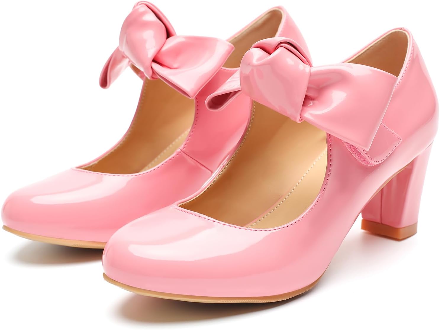 Rjclyh Womens Mary Jane Pumps - 2 Inch Mid Chunky Block Heels with Bow, Round Toe Patent Leather Ankle Strap Dress Shoes for Wedding, Office, Cosplay Pink Patent 9 - Image 6