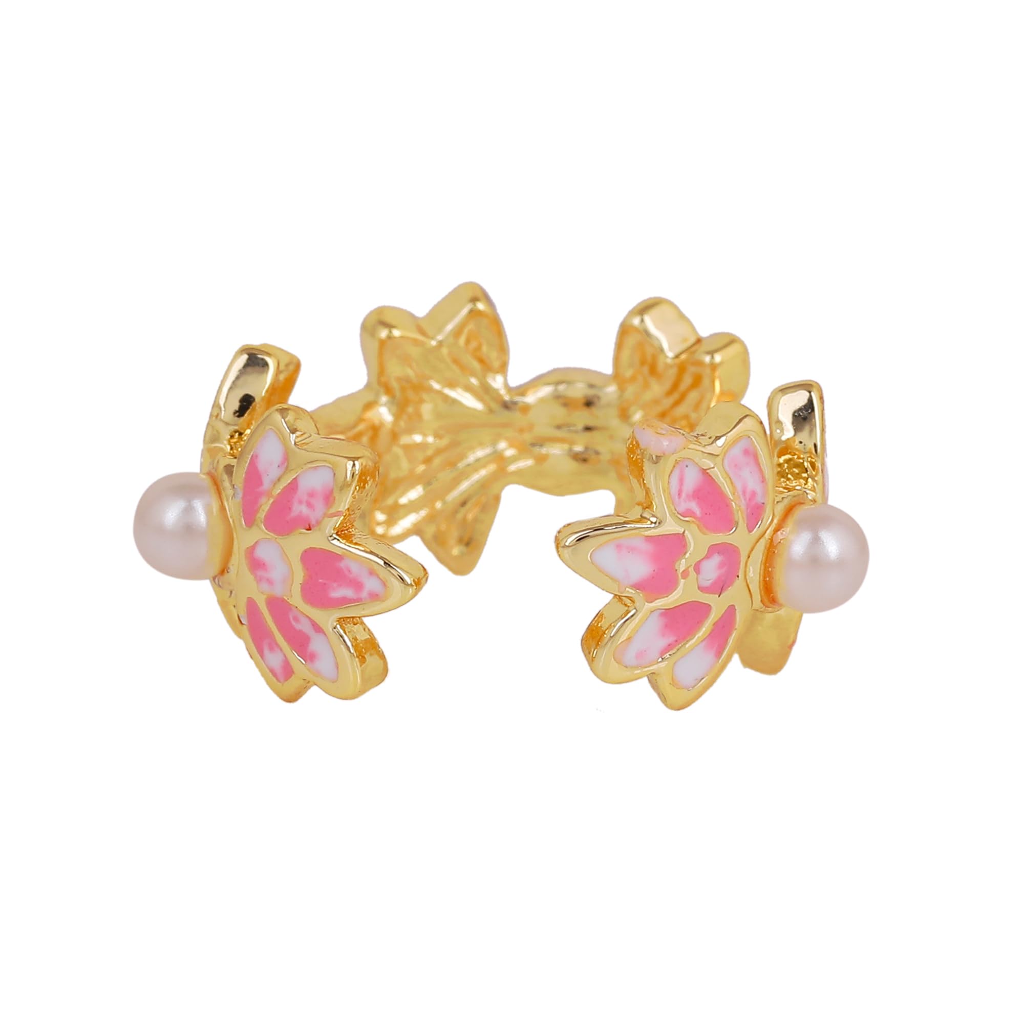 Plated Pink Enamel Lotus Adjustable Finger Ring