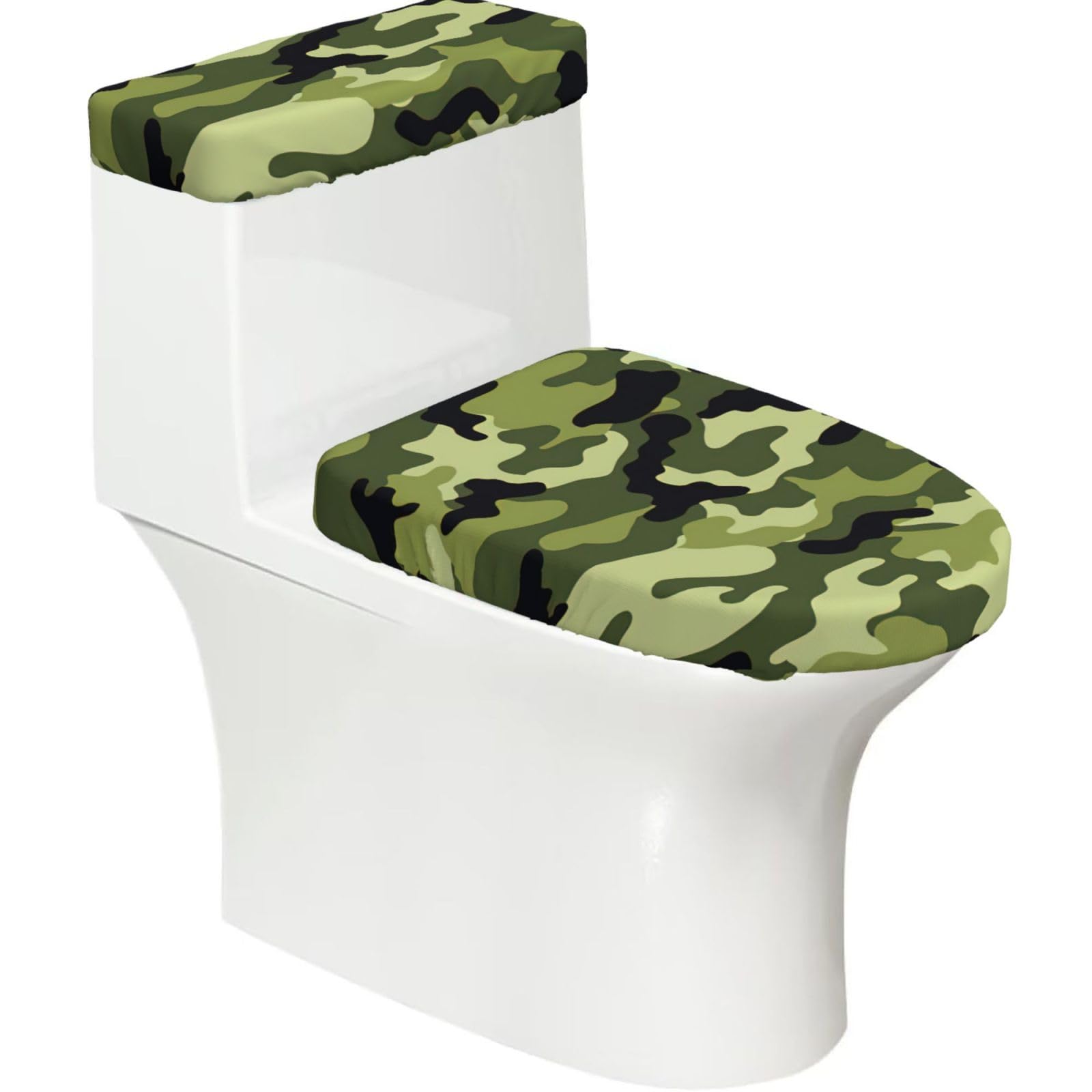 Camo Green Print 2-Piece Stretch Toilet Cover Set, Elastic Breathable Toilet Seat and Tank Lid Protector