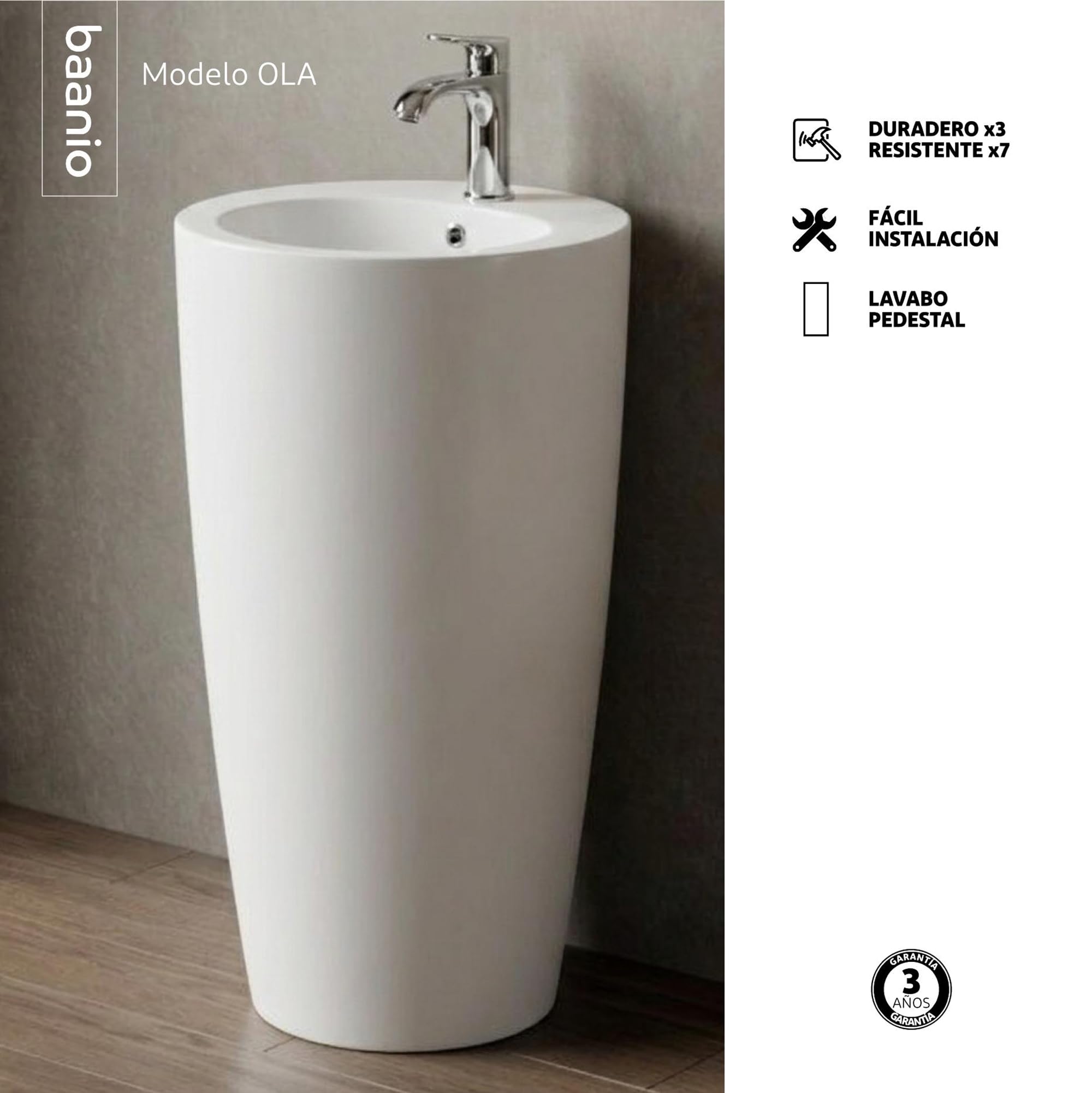 Ola - Lavabo Pedestal Redondo 50 cm - Cerámica Blanco Brillo - 1 Pieza sin Juntas - Herrajes Incluidos