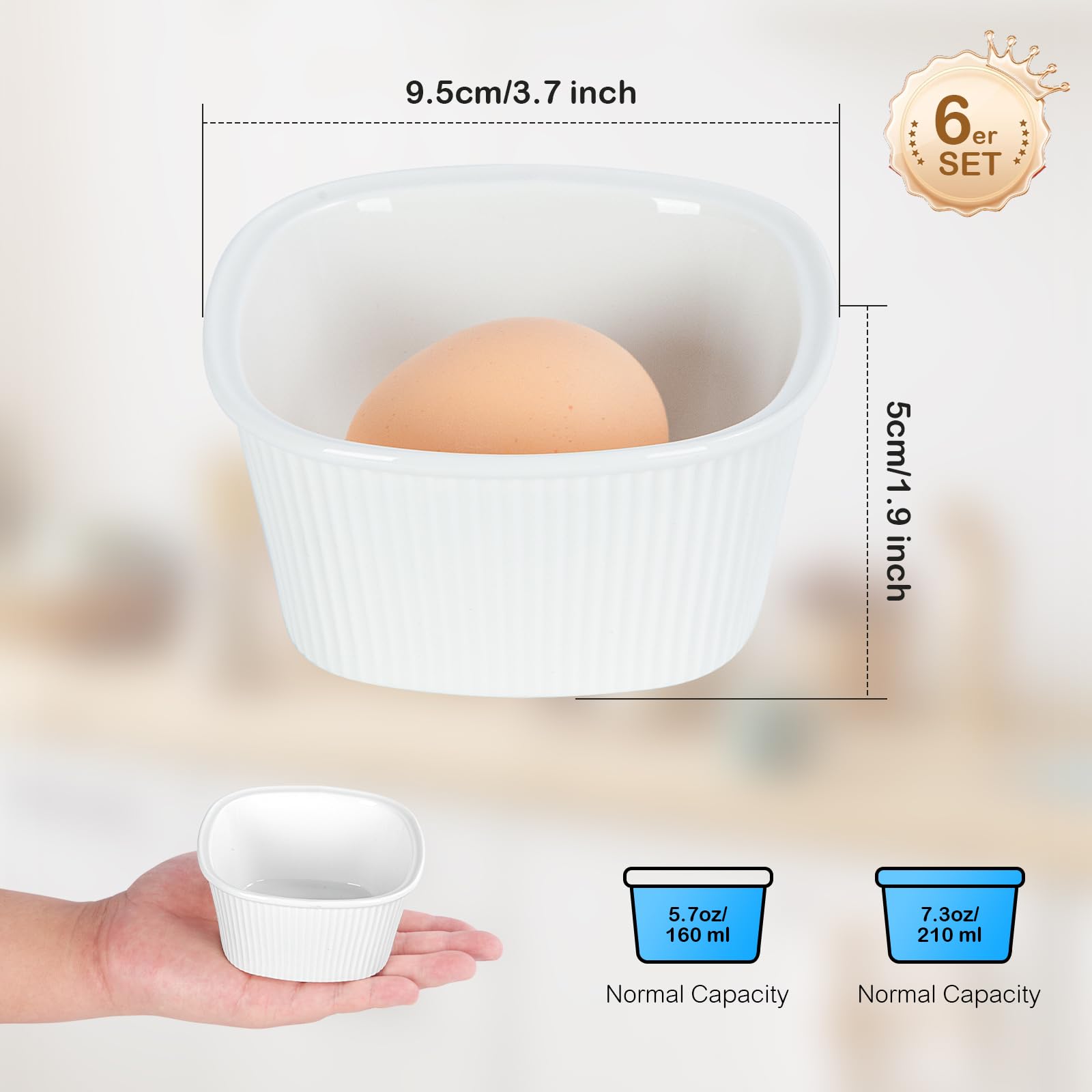 FoiiLiio 6x stampi per soufflé,210 ml Pirottini in Ceramica,Mini Ciotole in Porcellana per Creme Brulè,ciotole in ceramica per creme brulee,Resistenti al Forno,Bianco,Quadrato
