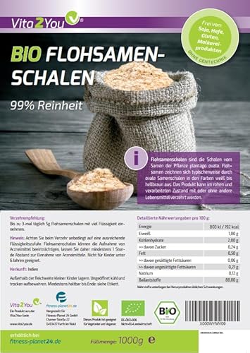 Foto von Vita2You Flohsamenschalen Bio 99% Reinheit 1000g - Laborgeprüft - 100% Bio Anbau - 1kg indische Flohsamen Schalen - Premium Qualität