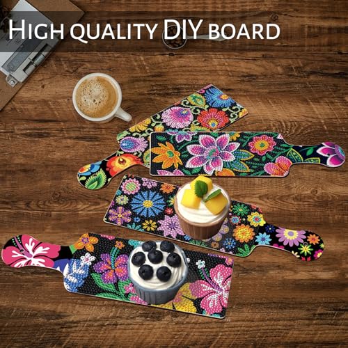 Image of 4 Pcs Diamond Art Painting Tray Board for Adults, DIY Crystal Rhinestones Diamond Art Board for Dining Table, Dessert Display Indoor Kitchen Dining Table Decoration New Year Gift (Flower Pattern)