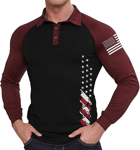 Miniatura 2 de BlackTeak Men's Patriotic Long Sleeve Polo Shirt Patriotic Casual American Flag Graphic Golf Polo Shirts