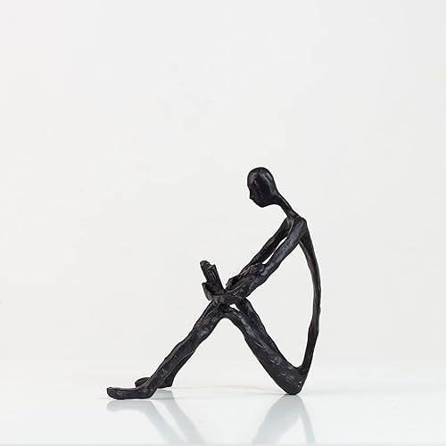 R REALONG Black Thinker - Estatua de lectura abstracta, figuras coleccionables de estilo moderno de metal de 6.3 pulgadas, adorno de meditación para