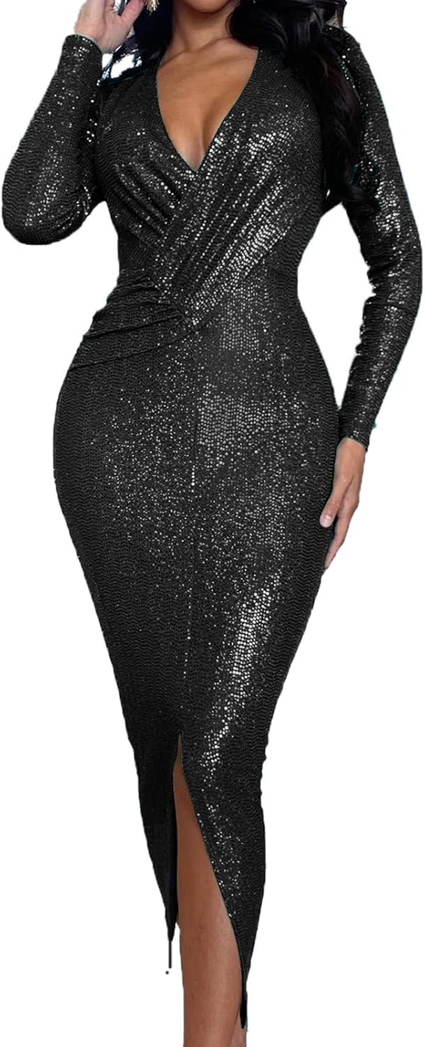 Women's Elegant Bodycon Long Dresses Deep V Neck Long Sleeves Club Night Party Midi Dress