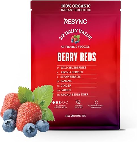 RESYNC Batido instantáneo 100% orgánico Reds Superfood Smoothie Powder, DV de frutas y verduras con 0.18 oz de fibra por bolsa, a base de plantas,