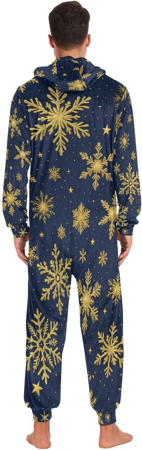 Golden Snowflakes Black Snow Adult Onesie Pajamas for Unisex Novelty One Piece Costume Sleepwear