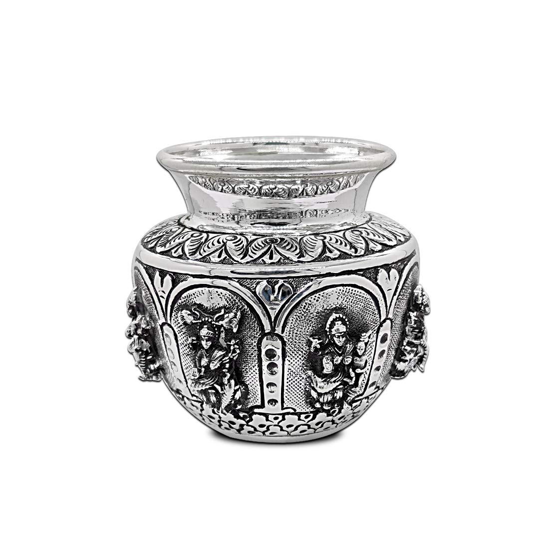 MAA SILVER Kalash/Lota with Goddess Idols and Beautiful Design on around with Antique Finish 260 grams with 92.5 Purity Best for Puja/Pooja & Religious Purpose (10.5cm x 10.5cm x 8.5cm)