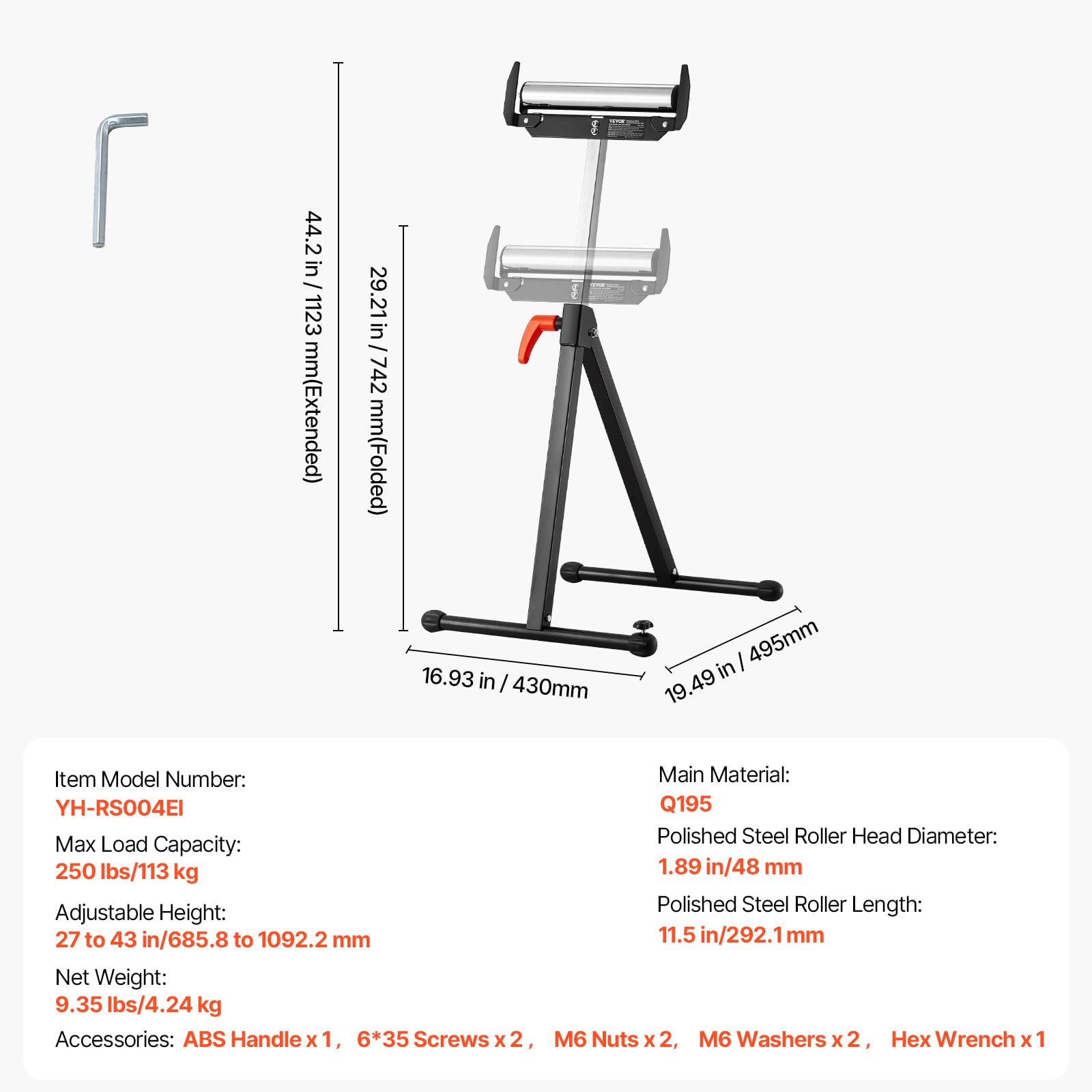 VEVOR Servante à Rouleaux Capacité de Charge 113 kg Support à Rouleau Pliable Hauteur Réglable 685,8-1092,2 mm avec Tête à Rouleau en Acier Poli, pour Support Sortie Scie à Table pour Travail Bois