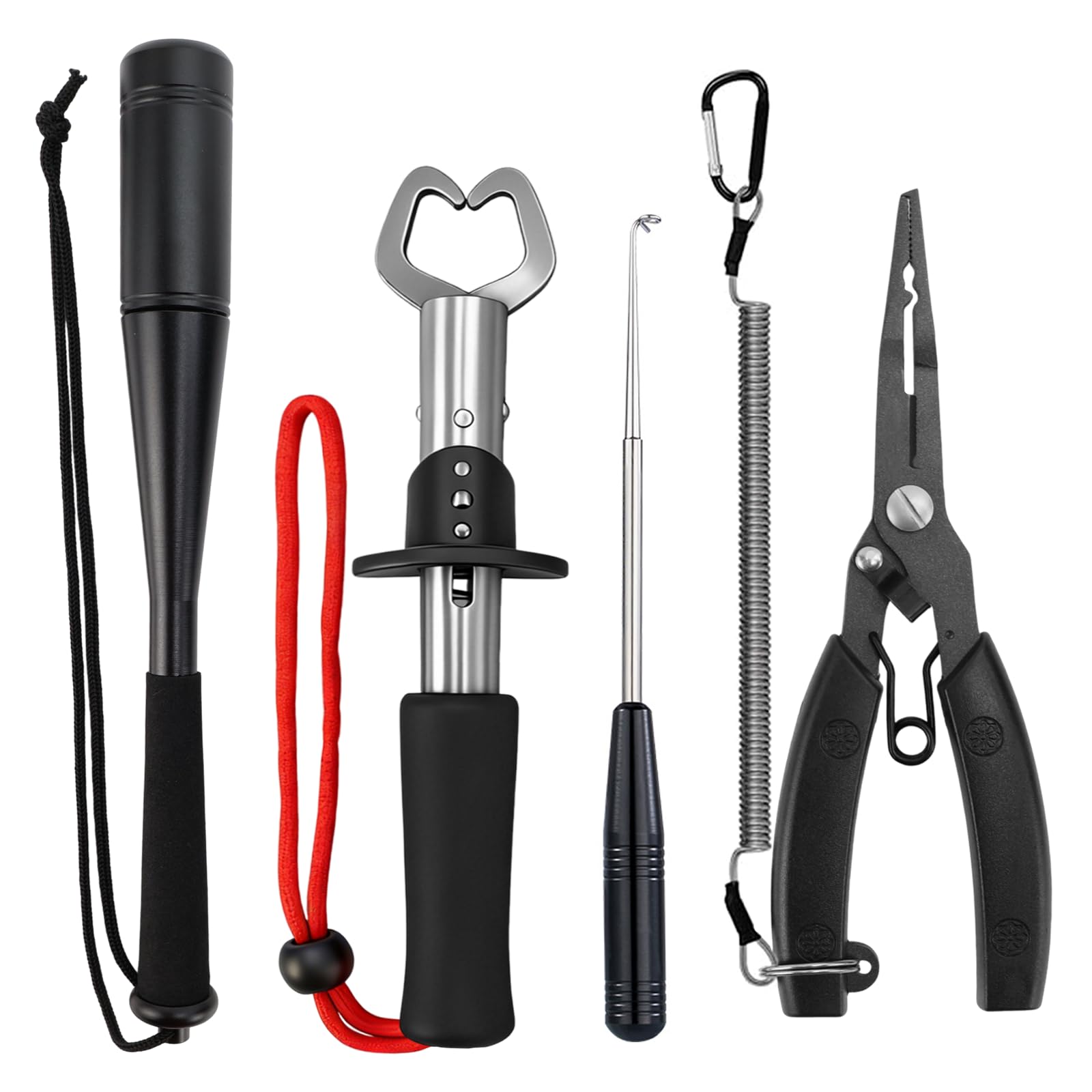Fischtöter Angelzange Hakenlöser Angeln Fischlippenzange, 4-Teiliges Angelzubehör Set mit Lanyard, Aluminium Fischbetäuber Angel Zange Totschläger Angeln, Angelhaken Entferner