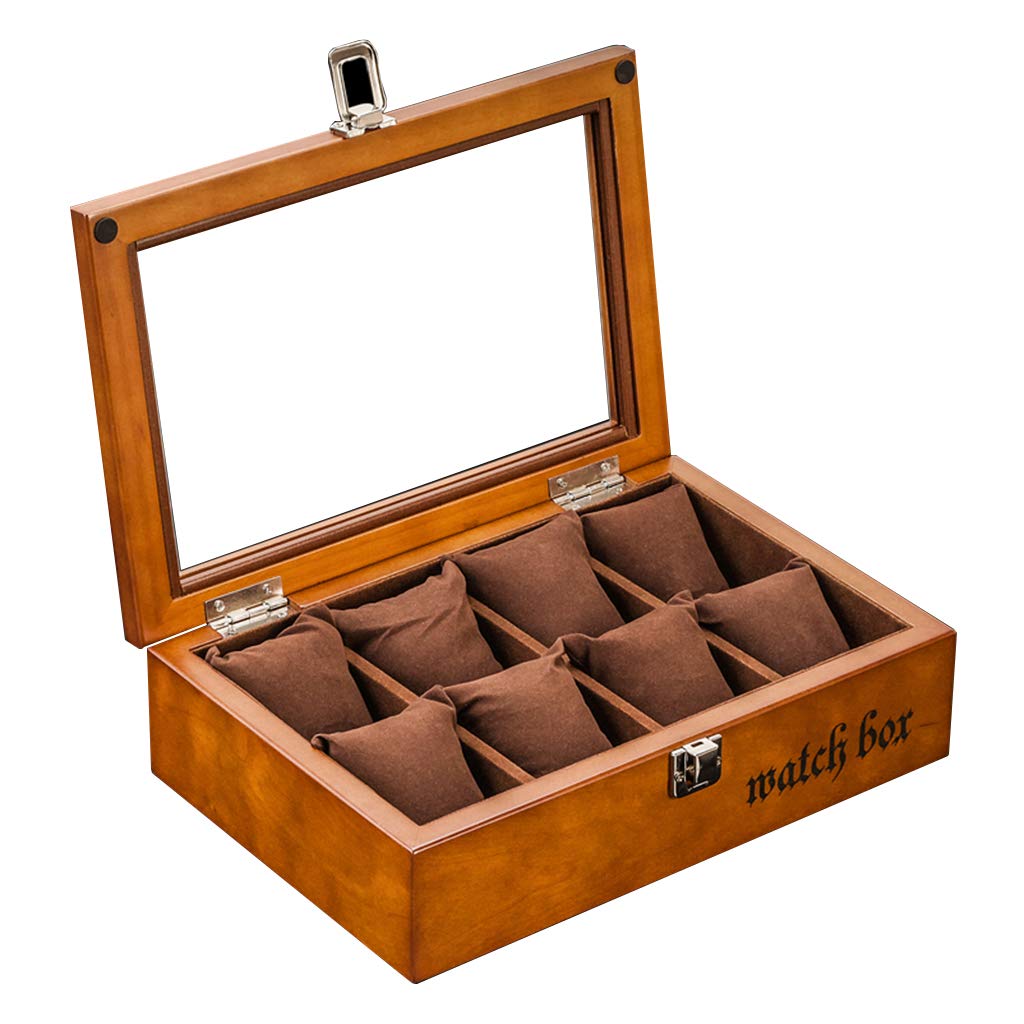 ANVLOJRIH 8 Grid Watch Box with Glass Top Jewelry Display Storage Case Organisers Bracelet Tray Boxes with Metal Clasp 8 Removable Pillows