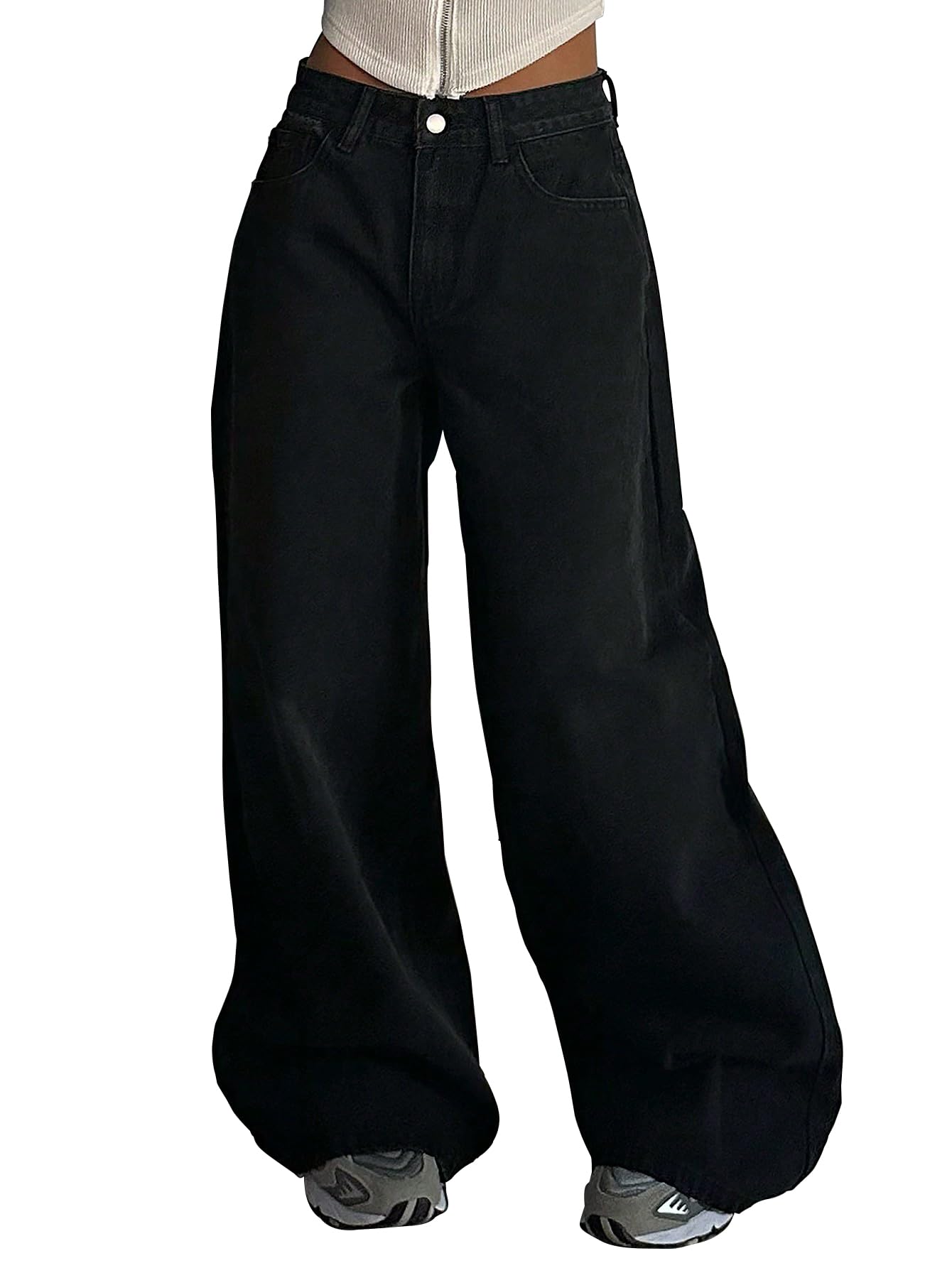 Women's Black Wide Leg Baggy Jeans | Loose Fit Denim Pants for Women | High Rise Streetwear | Casual Oversized Wide Leg Denim | Korean Style Baggy Trousers with Pockets (Jeans 296)-image-35