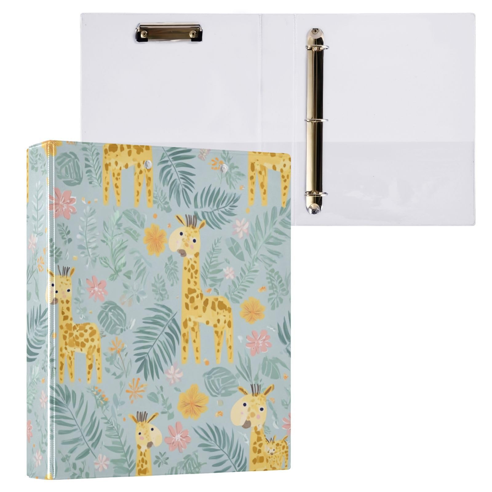 Kcldeci Raccoglitore a 3 anelli con copertina rigida, motivo giraffe, foglie della giungla, anelli rotondi da 3,8 cm, con tasche interne, per scuola, ufficio, ricette, raccoglitori, confezione da 2