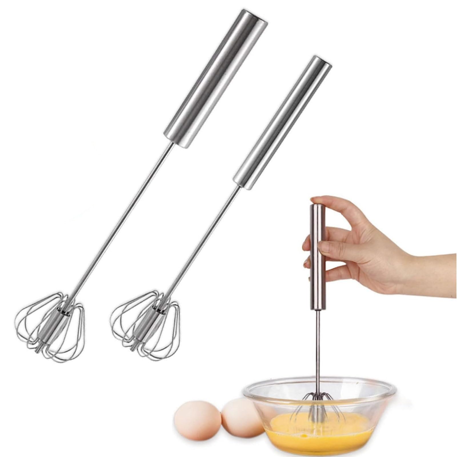 2 Pack Semi-Automatic Egg Whisk Beater, 10in &12in Whisk, Stainless Steel Mini Hand Whisk, Hand Push Egg Beater
