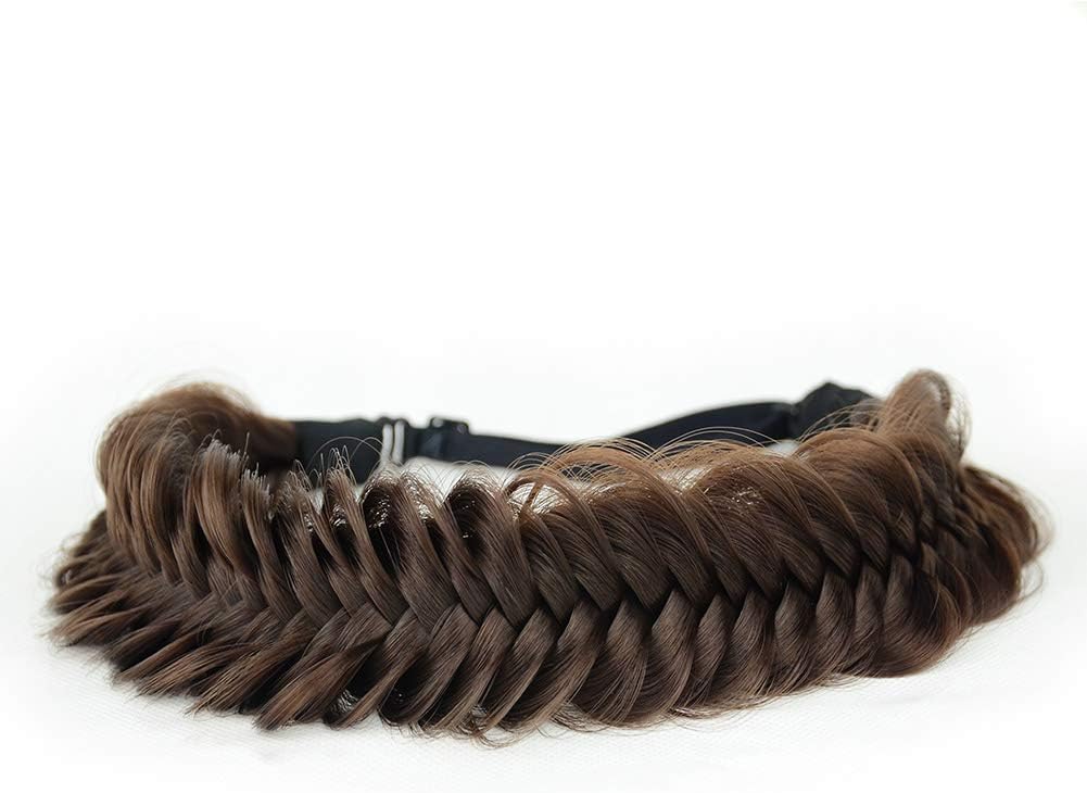BOBIYA Wide Fishtail Synthetic Hair Braided Headband Classic Chunky Plaited Braids Elastic Stretch Hairpiece Women Girl (Chocolate)