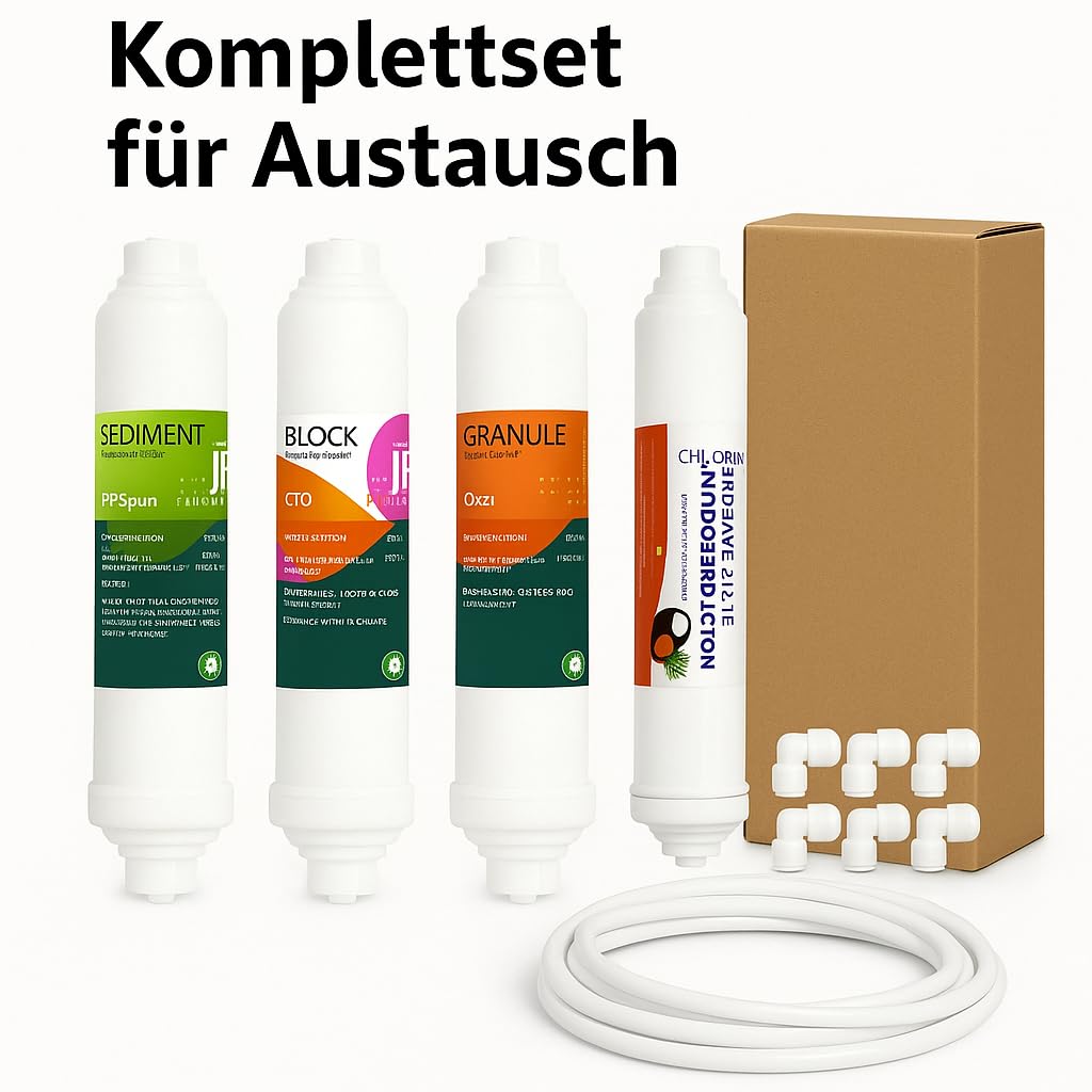 4-Stufen Wasserfilter Set Komplett – Sediment, GAC, CTO & Post Carbon – Inklusive 8 Anschlüsse & Ersatzschlauch – Passgenau für Umkehrosmoseanlagen – Sauberes & Frisches Trinkwasser