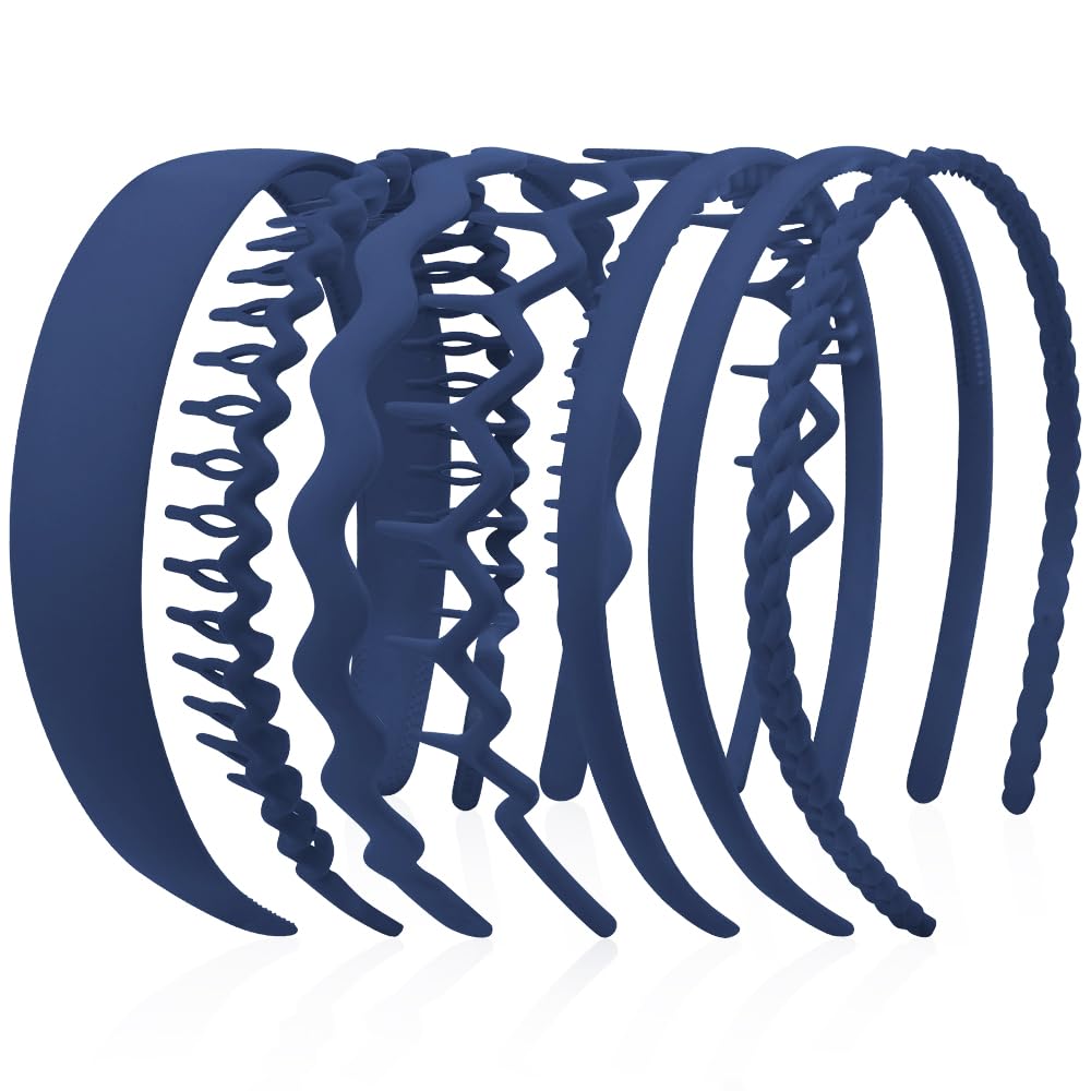 AHONEY 7 Pack Blue Headbands for Women Mens Headbands with Teeth Non Slip Hairbands for Women's Hair Accessories Comb Headband Diademas Para Mujer (