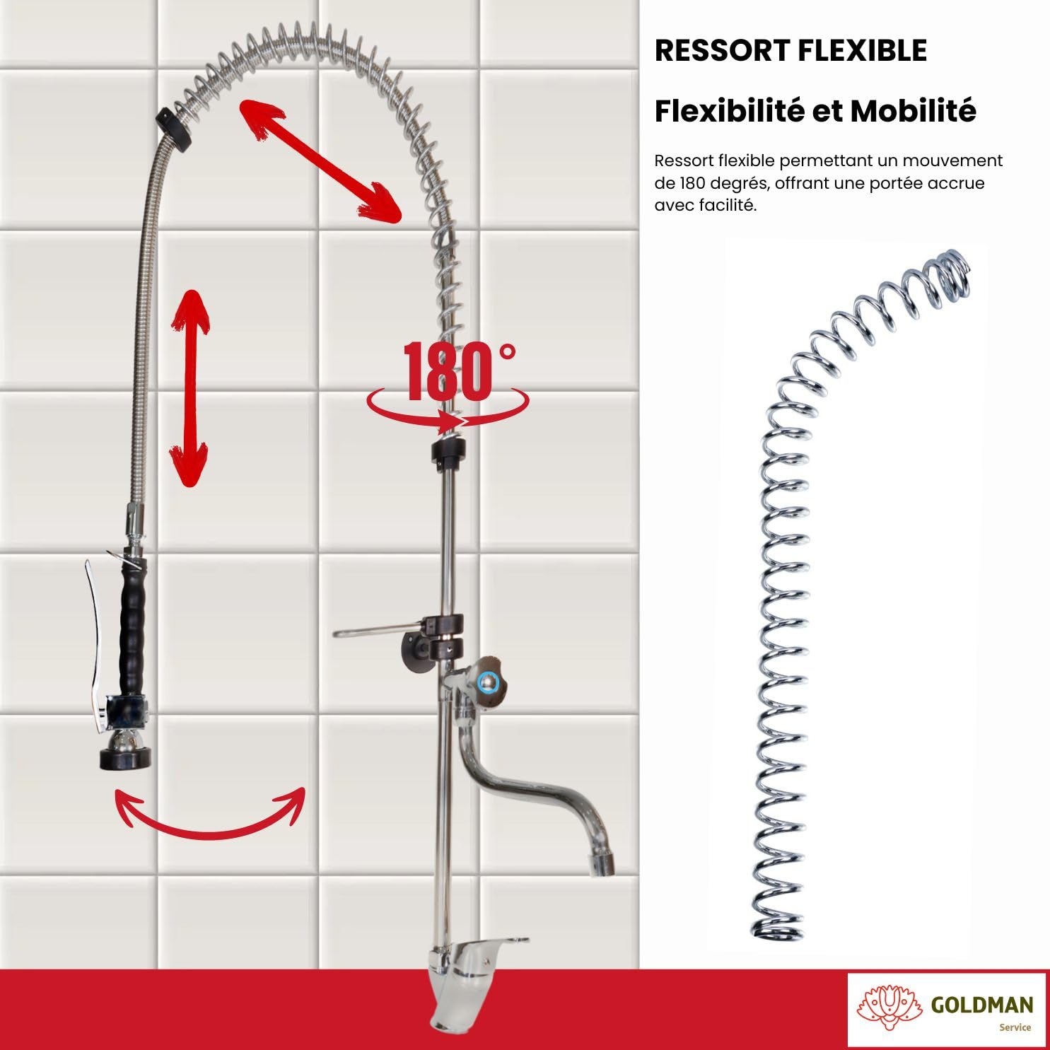 GOLDMAN SERVICE | Robinet de douche industriel et extensible, pour évier de cuisine, hôtellerie et restauration, avec pommeau flexible et pulvérisateur noir, et mitigeur mono-commande