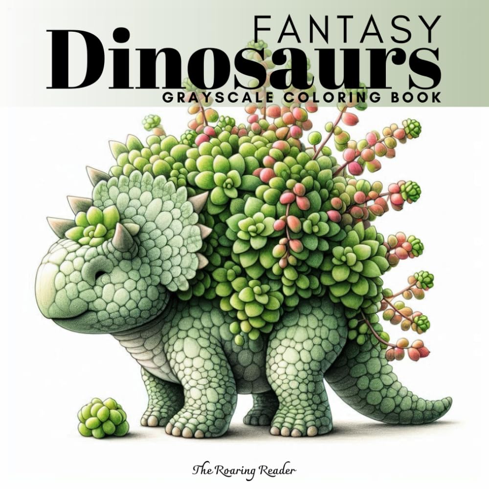 Fantasy Dinosaurs Grayscale Coloring Book: 52 Whimsical Dinosaur Designs Blended with Succulents & Cacti for a Relaxing and Creative Escape – Suitable for Adults and Teens. (Enchanted Fauna Series)