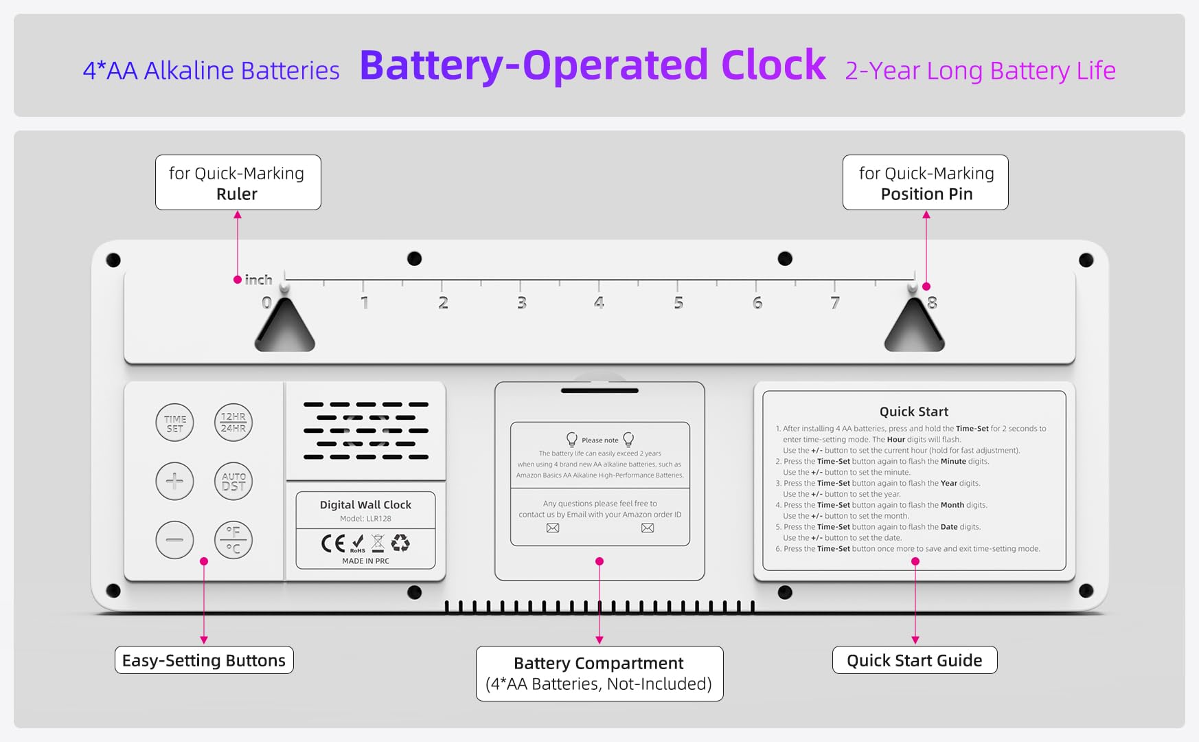 35,6 cm große digitale Wanduhr, batteriebetrieben mit Temperatur, Datum, Sommerzeit, große Digitaluhr für Küche, Bauernhaus, Schlafzimmer, Badezimmer, Klassenzimmer, Büro, Wohnzimmer – modern, leise