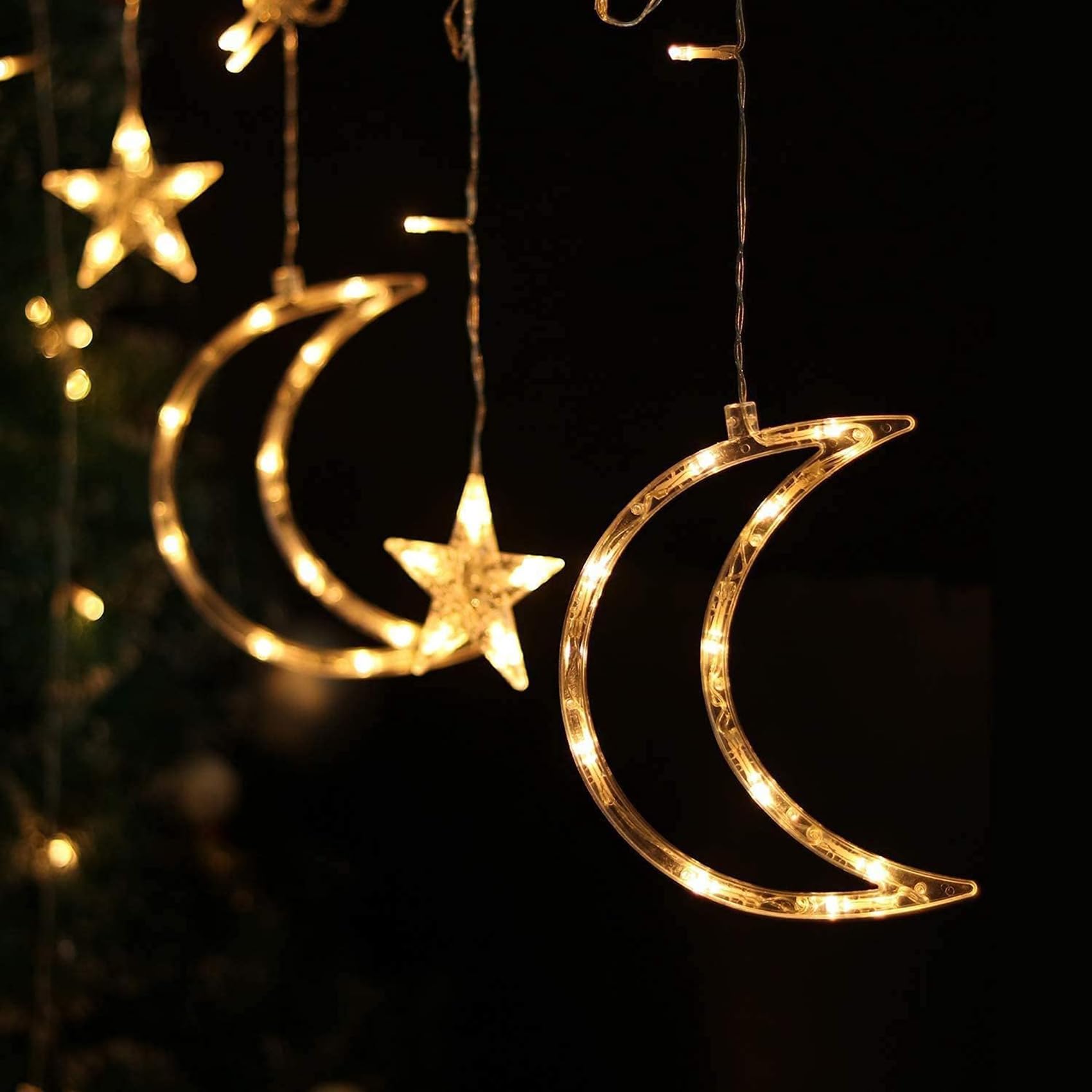 Solar Lichterketten Vorhang Aussen 138 LEDs Wasserdicht Sterne Mond LED Lichterkette mit Fernbedienung 8 Modi Lichtervorhang für Garten Pavillon Weihnachten Hochzeit Party (Warmweiß)