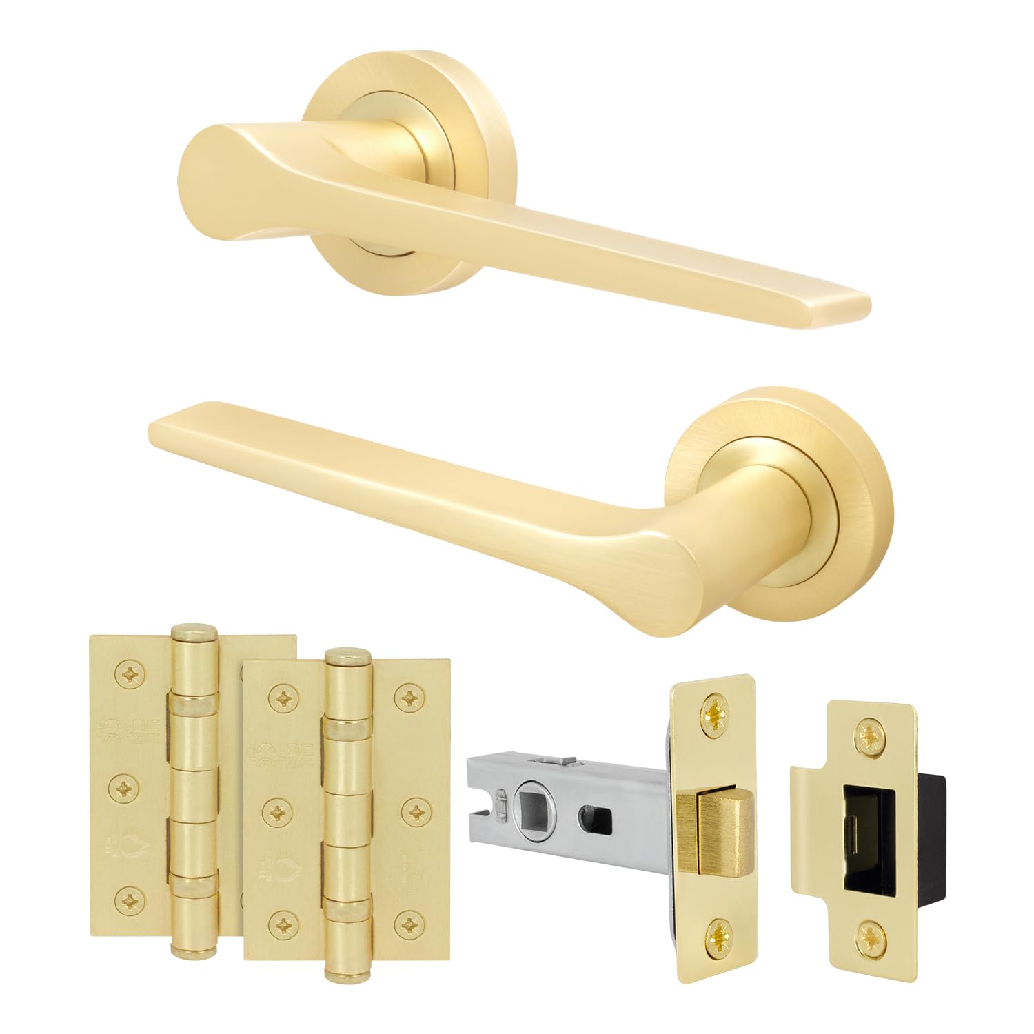EAI Brass Door Handle Latch Set, Satin Brass Internal Door Handle with 64mm Latch and 76mm Hinges, Tarna Range 1 Pack