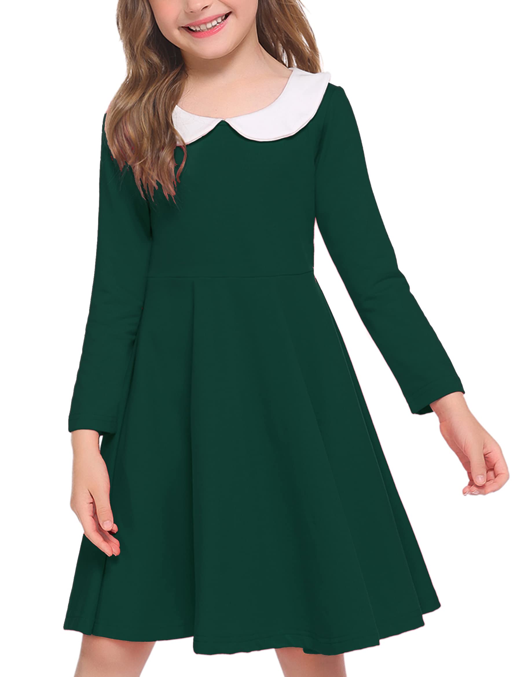 Arshiner Girls Long Sleeve Dress Casual Vintage Peter Pan Collar