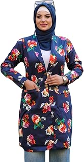 بليزر طويل للنساء بتصميم مشجر بلون ازرق واسود - خامة الكتان