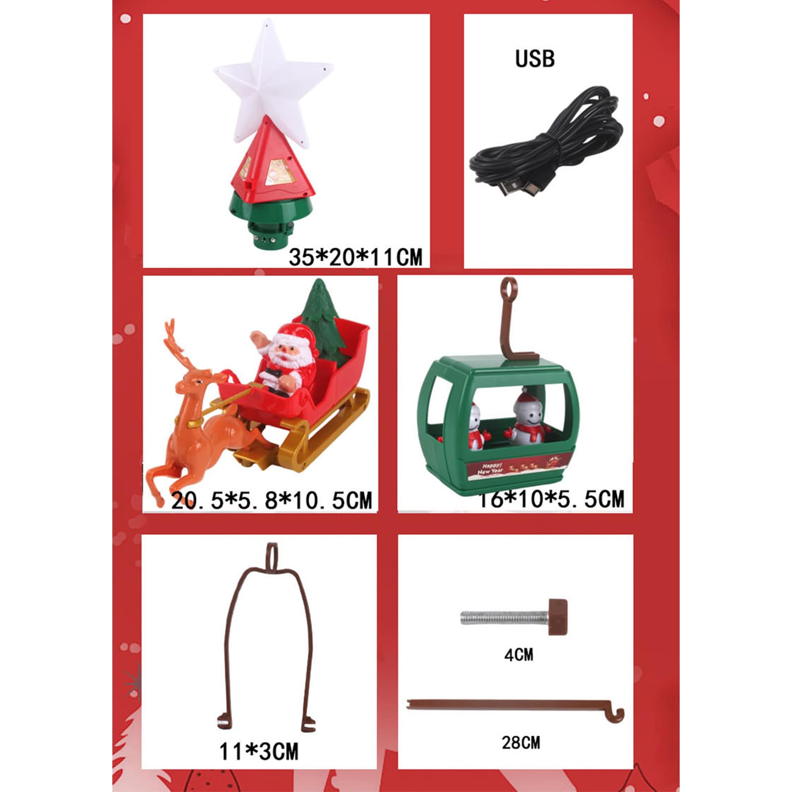 Giratorio para árbol de Navidad, Estrella iluminada alimentada por USB con Trineo de Papá Noel y muñecos de Nieve con Luces Musicales, decoración para árbol para casa de Vacaciones