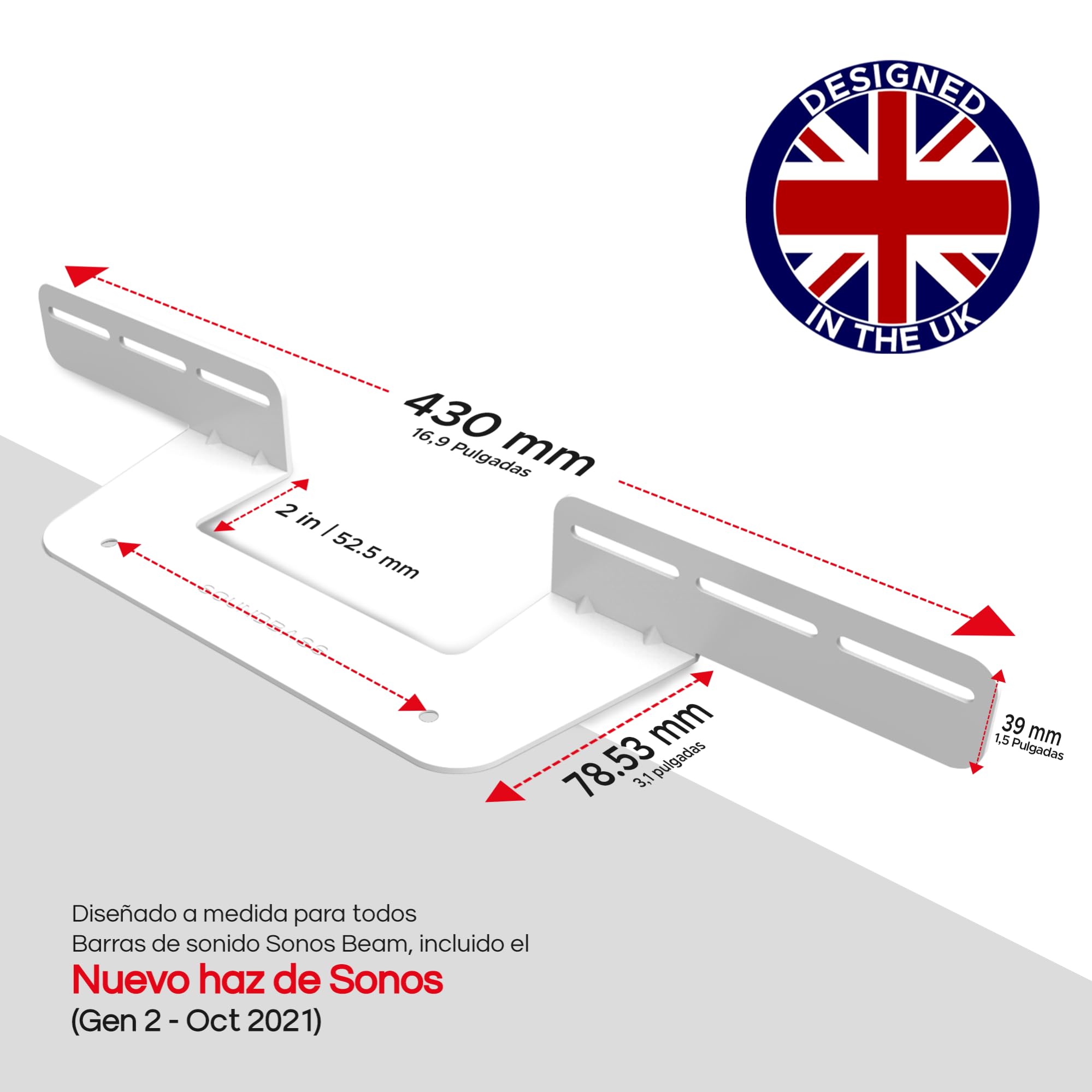 Soporte de Soundbar Soundbass para Sonos Beam, Compatible con la Soundbar Sonos Beam Generación 1 y 2, Incluye Todo el Hardware de Montaje Necesario, Soporte de Montaje, Blanco