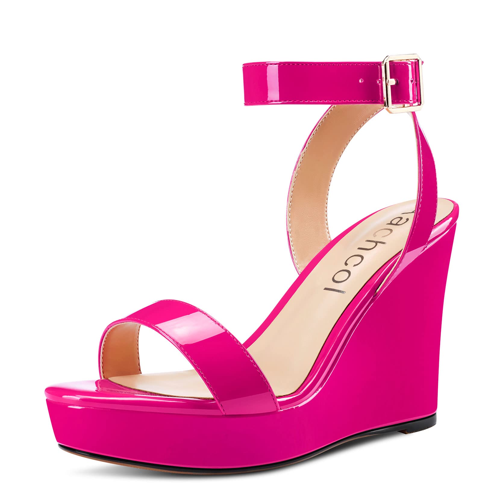 Aachcol Women Platform Wedge Sandals Round Peep Open Toe Ankle Strap Slingback Two-Piece Chunky Block High Heel Dress Shoes Pumps Party Patent 4 Inch