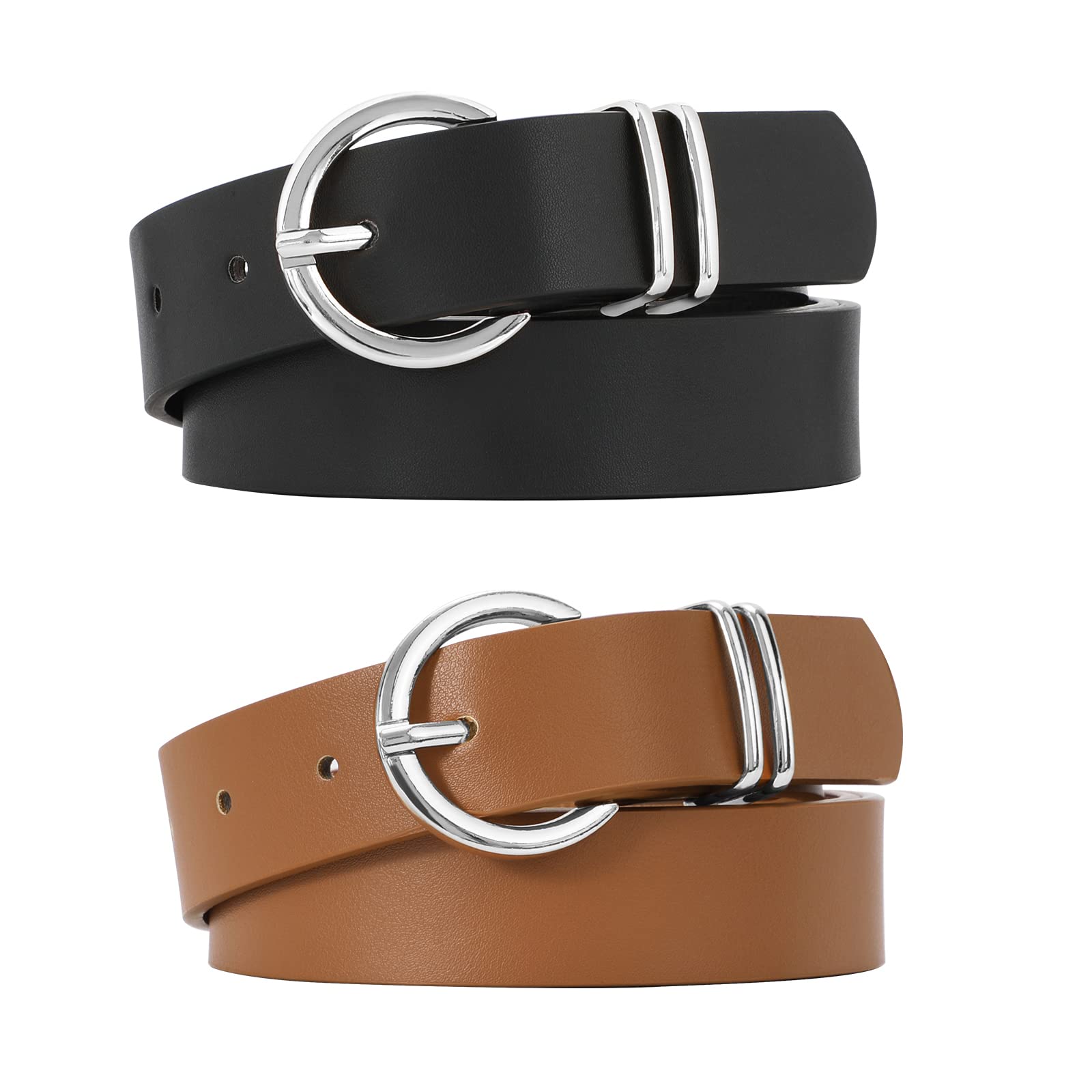 JASGOOD Women’s Leather Belts for Jeans Dresses Fashion Gold Buckle Ladies Waist Belt,2 Pack