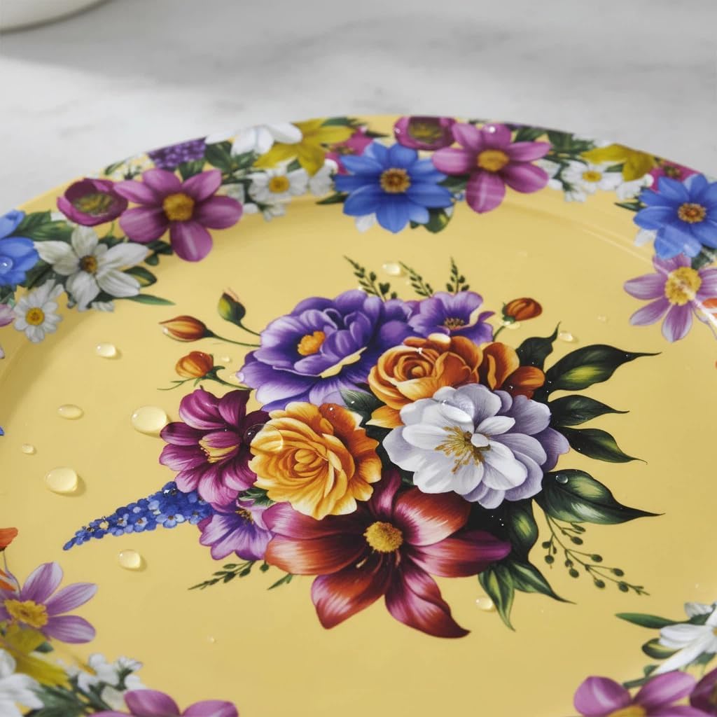 Metal Plate Set of 4 – Vibrant Floral Wreath Design – Colorful Table Accent Plates (4-Pack)