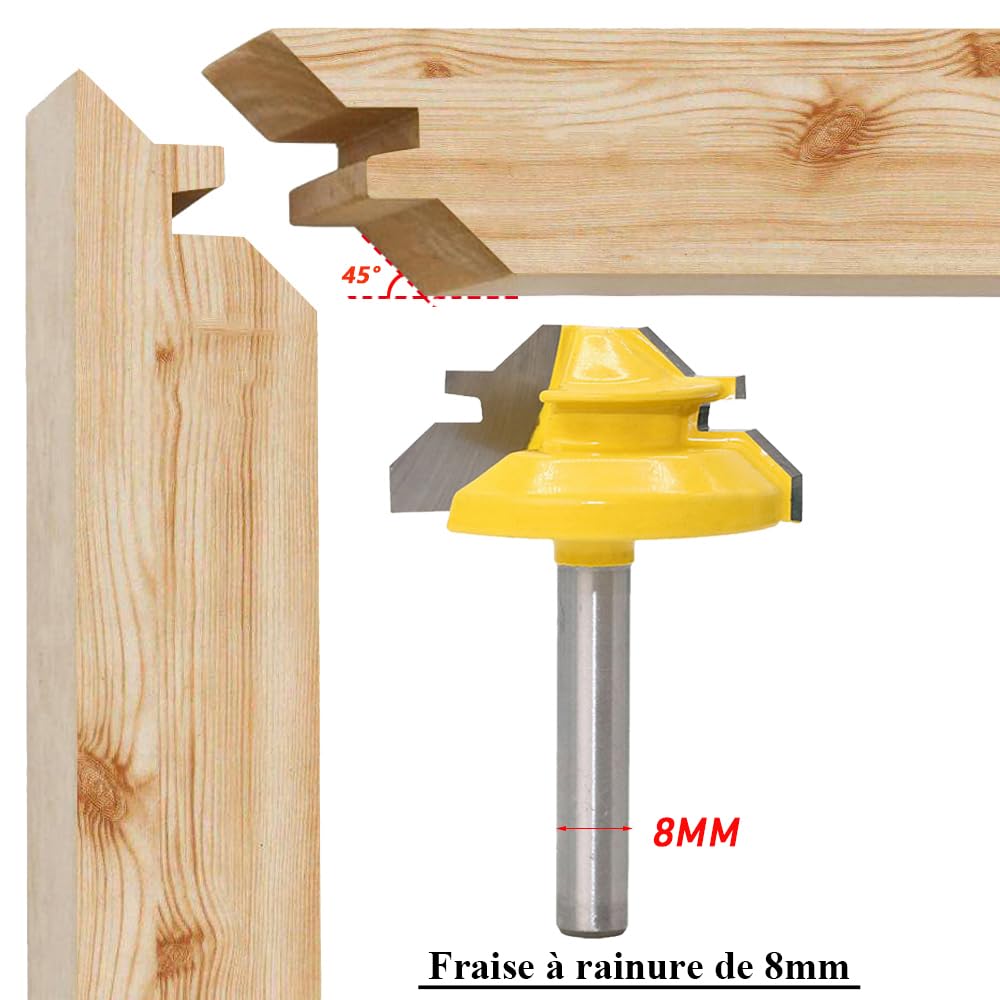 Mesee Fraise à rainurer 45° à onglet en carbure - tige 8mm bois - bits routeur pour menuiserie meuble - jaune