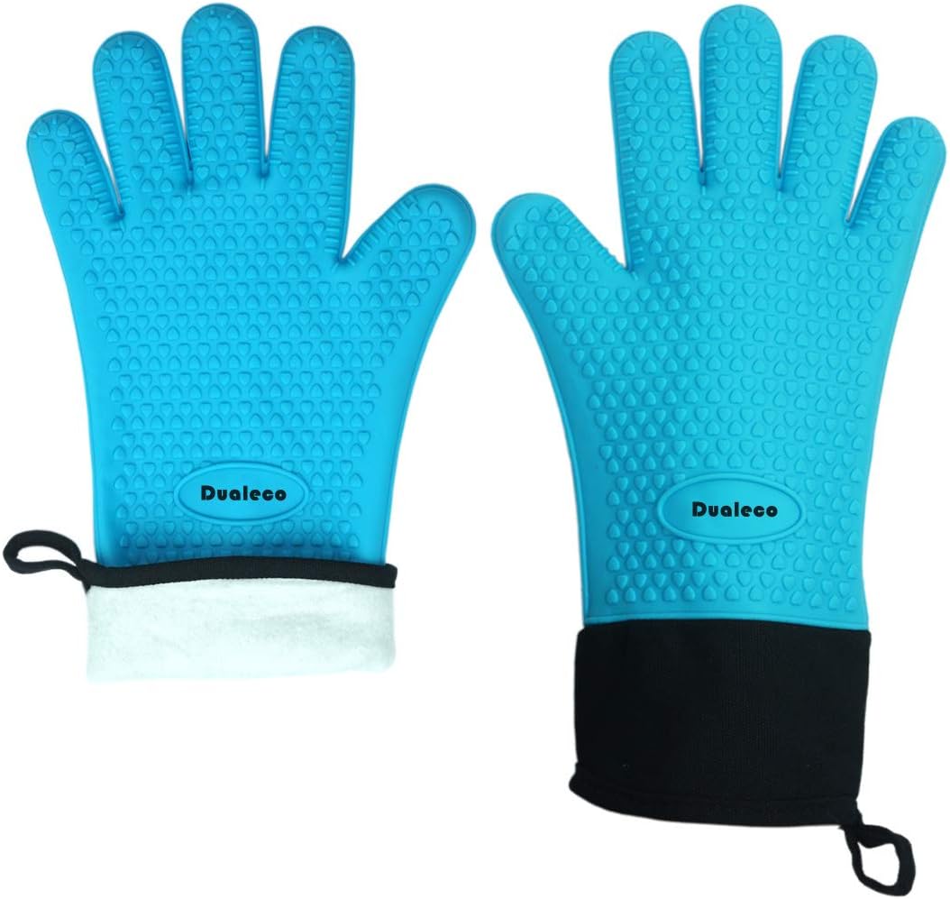 Dualeco Silicone Oven Gloves - Heat Resistant Grill BBQ Gloves with Fingers Waterproof Non Slip Oven Mitts Kitchen Cooking Gloves for Baking, Grilling, Barbeque, Blue