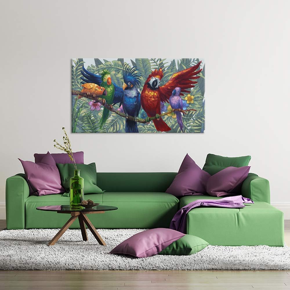 iHAPPYWALL Large Parrot Tropical Birds Canvas Wall Art Rainbow Parrots on the Branch Rainforest Picture Painting for Living Room Home Decor Ready to Hang 20x36inch