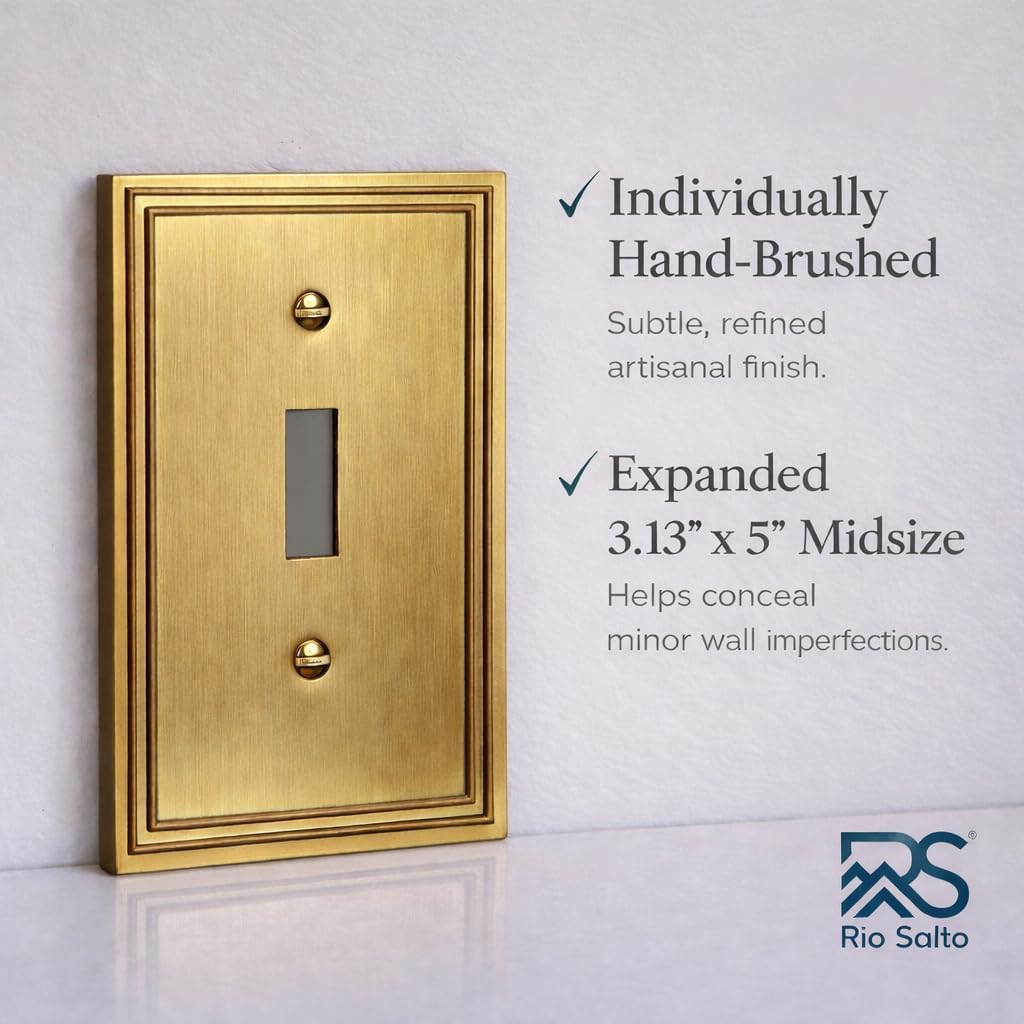 Rio Salto Imperial Collection 1-Gang Toggle Flip Switch Light Switch Plate Outlet Cover Brushed Brass Gold Metal Premium Decorative Home Decor Hardware Wall Plate Heavy-Gauge Midsize 3.13" x 5"