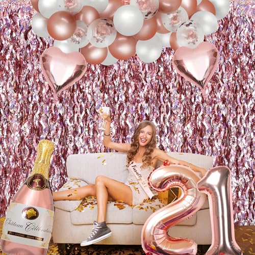Image of TONIFUL 3Pcs Wavy Metallic Tinsel Foil Fringe Curtains Rose Gold Streamer Backdrop for Photo Booth Props,Party Door Wall Curtain,Bachelorette,Birthday,Anniversary,Bridal Shower Decor (9.9ft x 6.6ft)